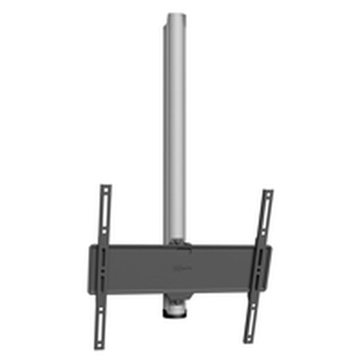 Una staffa TV grigia da soffitto. Ha un palo verticale, un supporto orizzontale e due bracci laterali per la TV.
