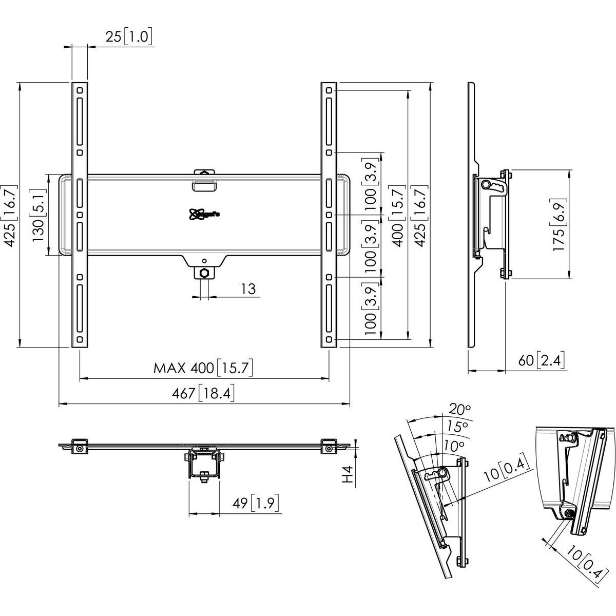 Disegno tecnico di un supporto TV con dimensioni in mm e pollici. Include viste frontali, laterali e superiori con angoli e misure.