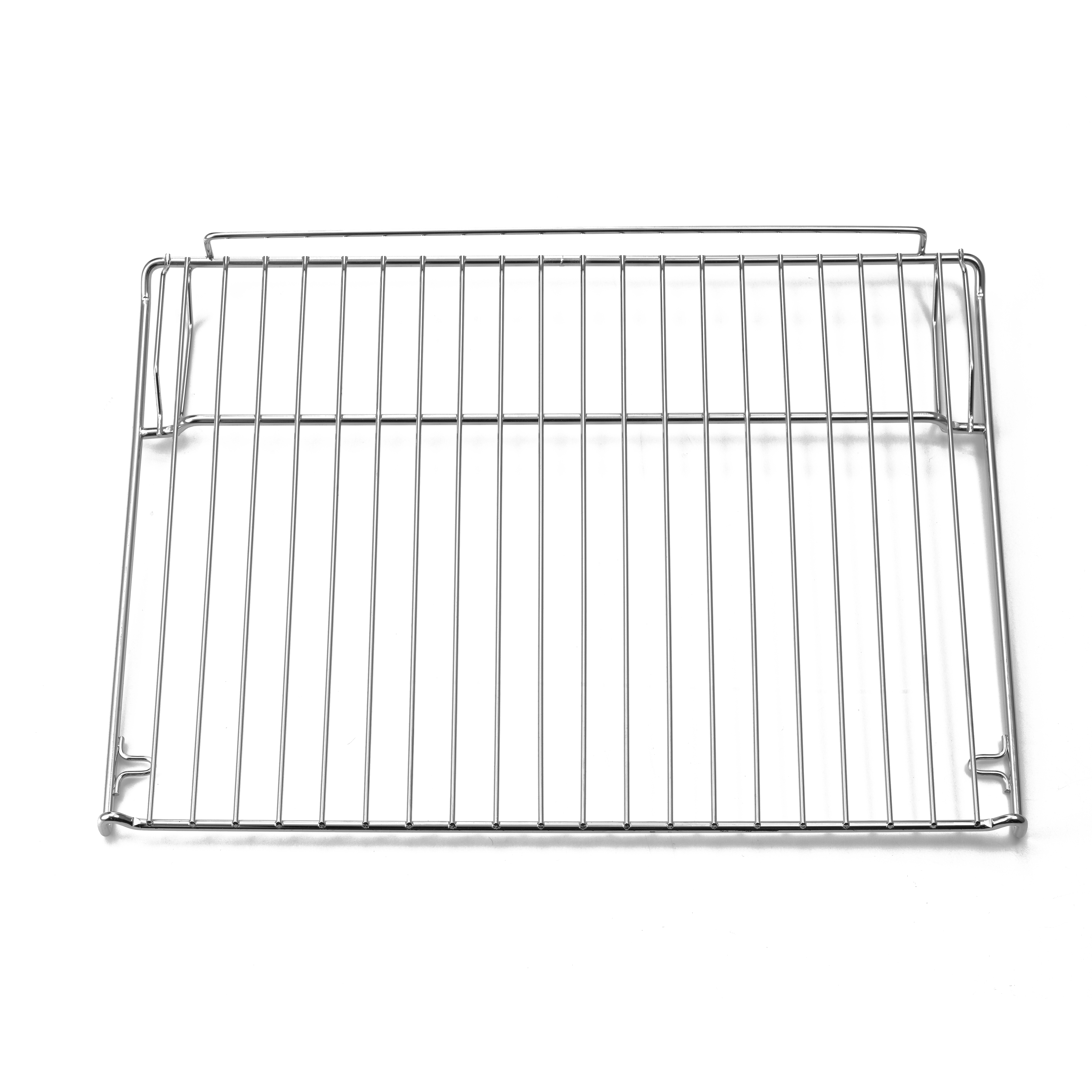 A metal oven rack on a white background. The rack is rectangular with vertical and horizontal wires.