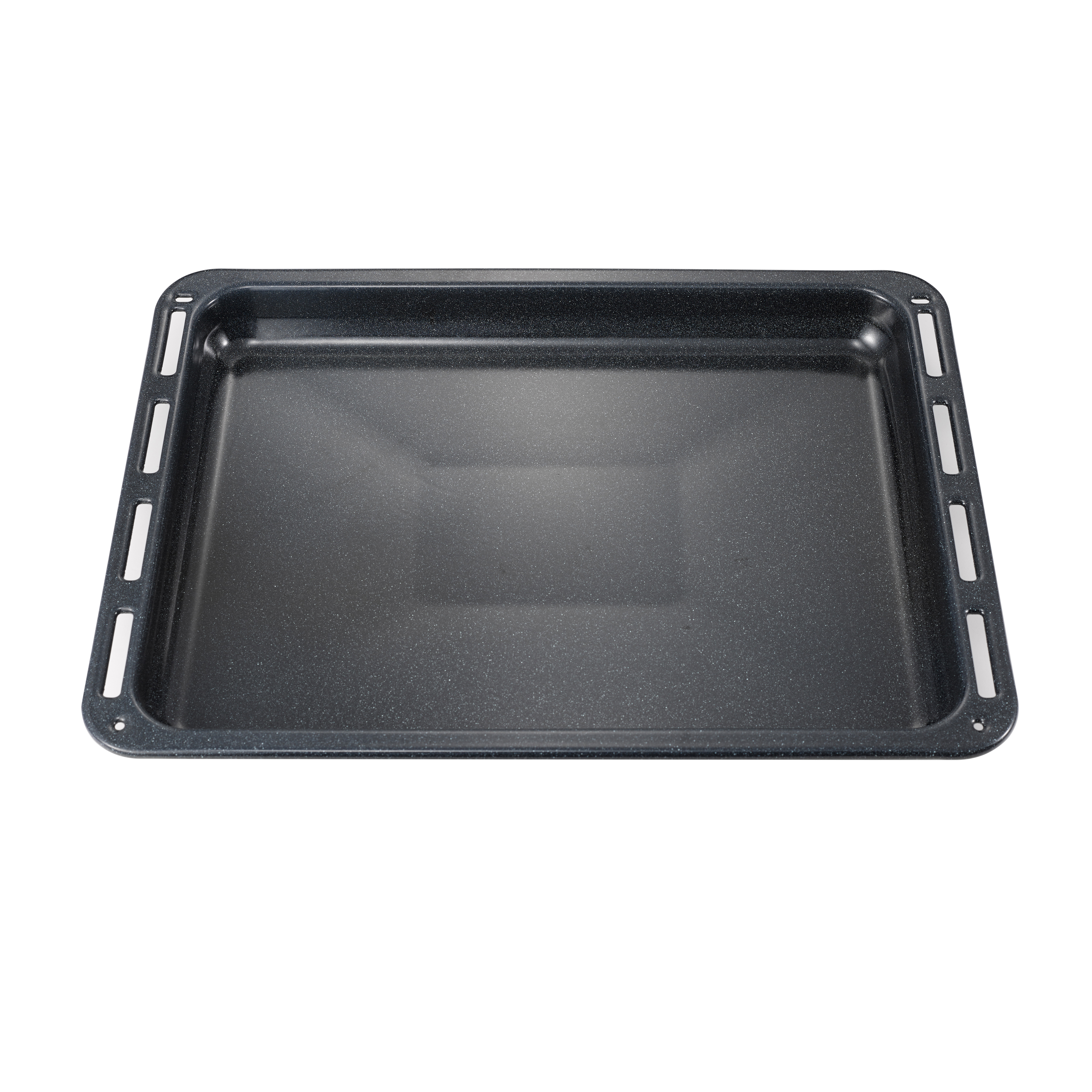A rectangular black baking tray with a speckled surface, isolated on a white background. It has cutouts on the sides.