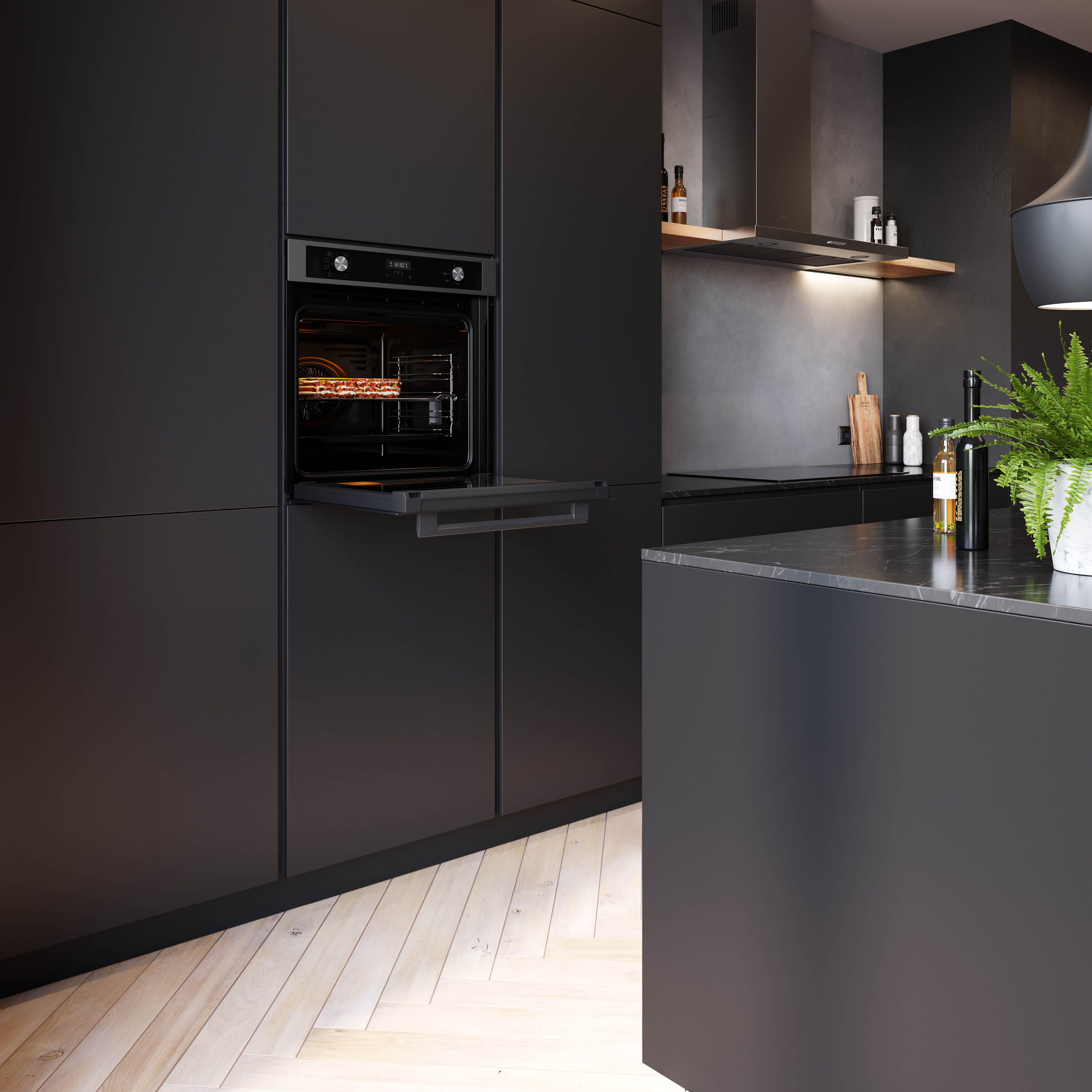 Modern kitchen with oven open, showing lasagna. Dark cabinets, light wood floor, island with fern.