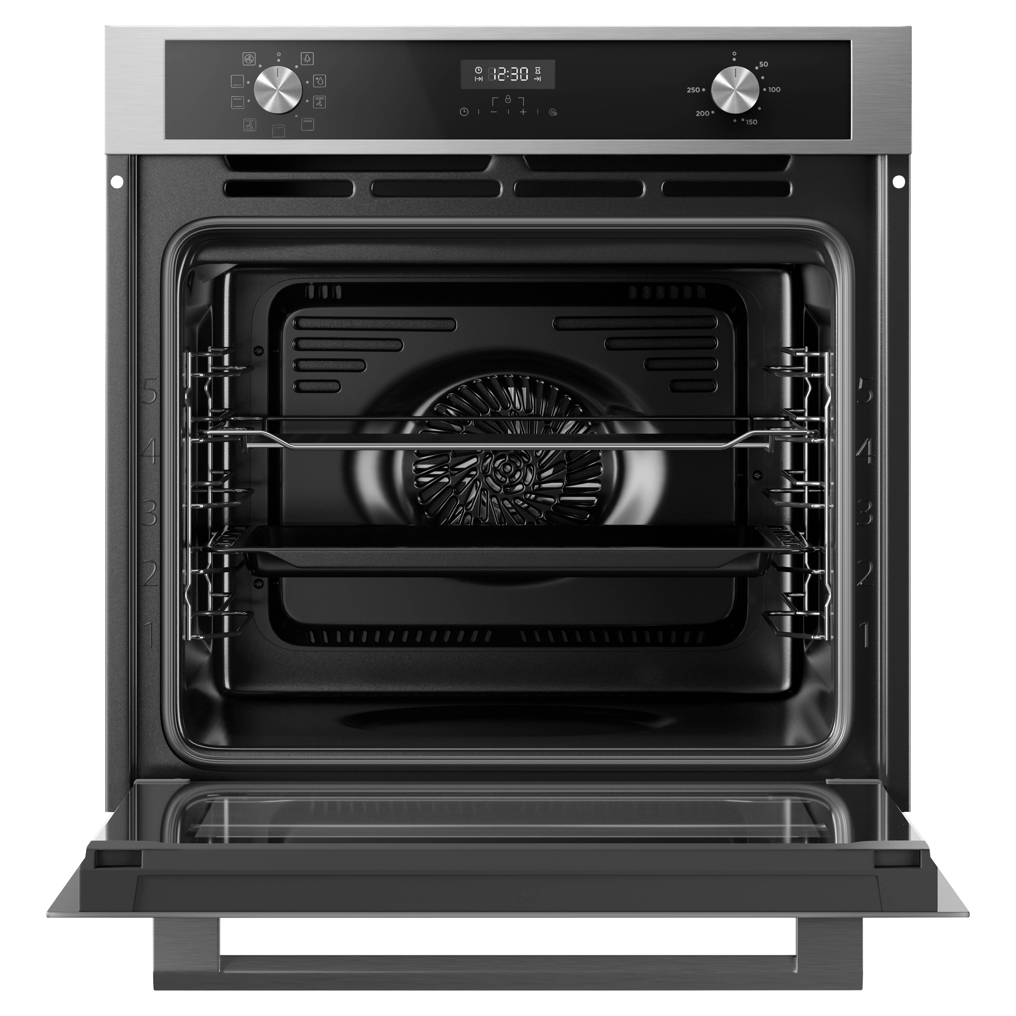 A stainless steel oven with an open door. The interior is black. The controls are visible. A clock shows 12:30.