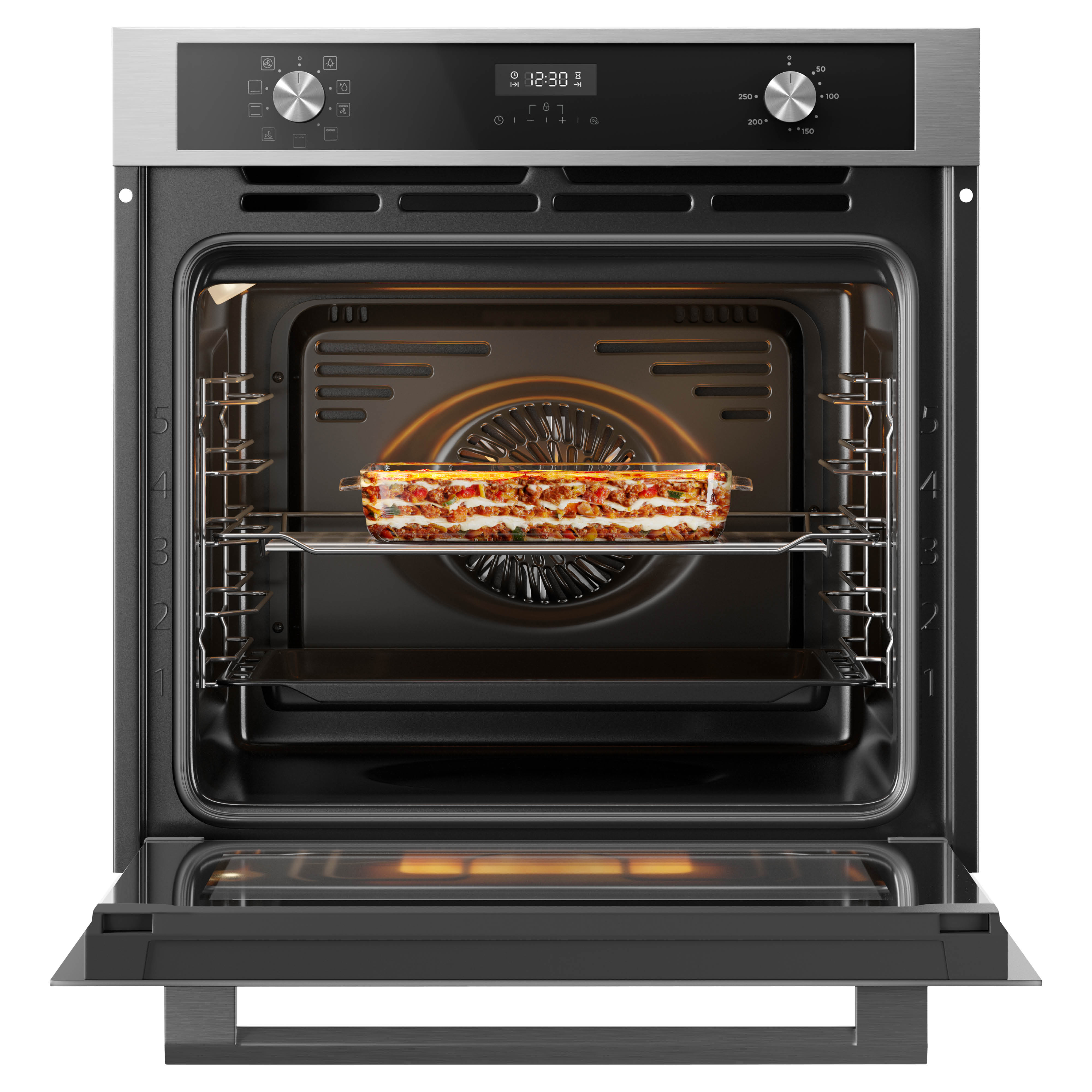 An open oven shows a lasagna on a rack. The oven door is open. Oven controls and a digital clock are on top.