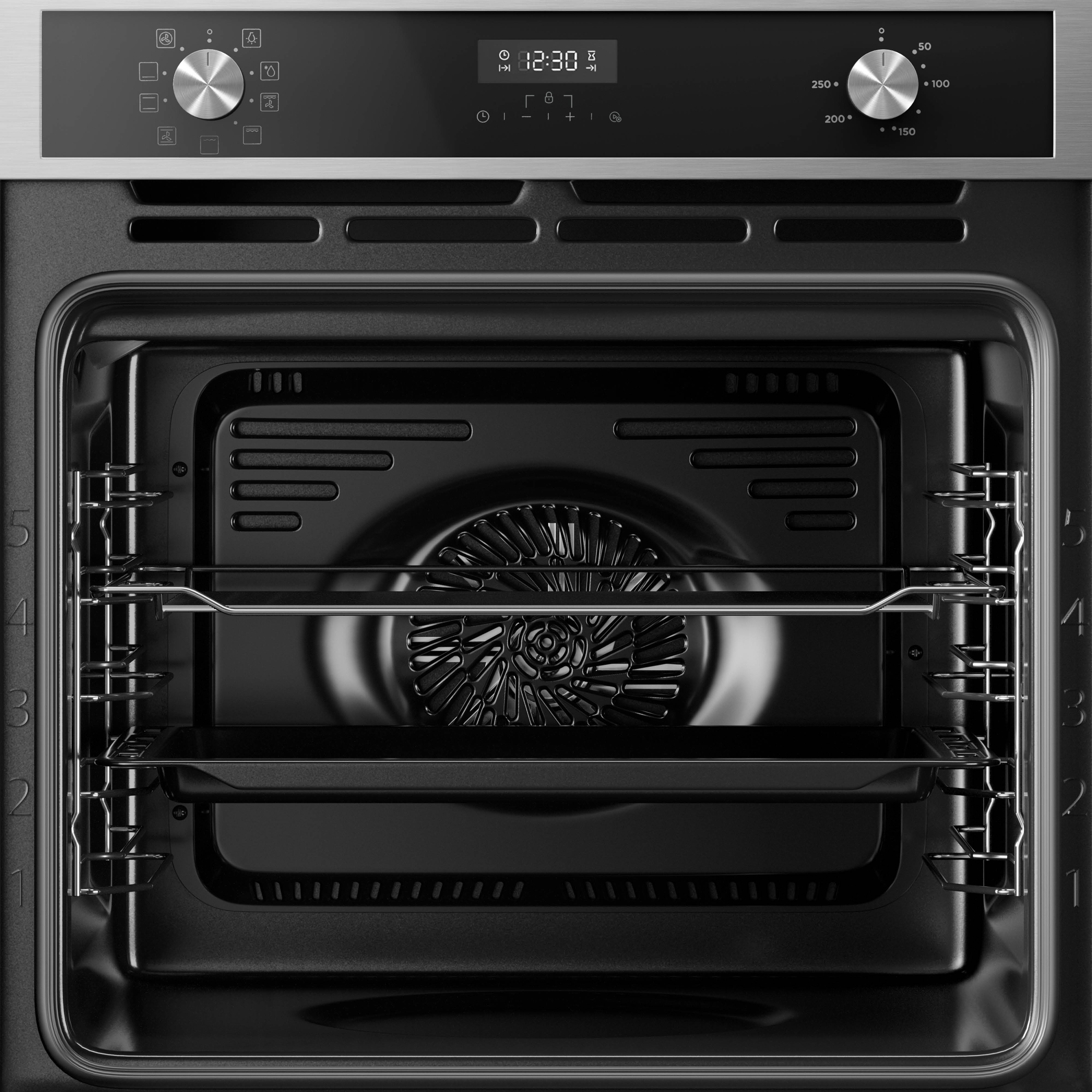 An oven interior. It has racks and a fan. The control panel shows a clock and settings for different cooking modes.