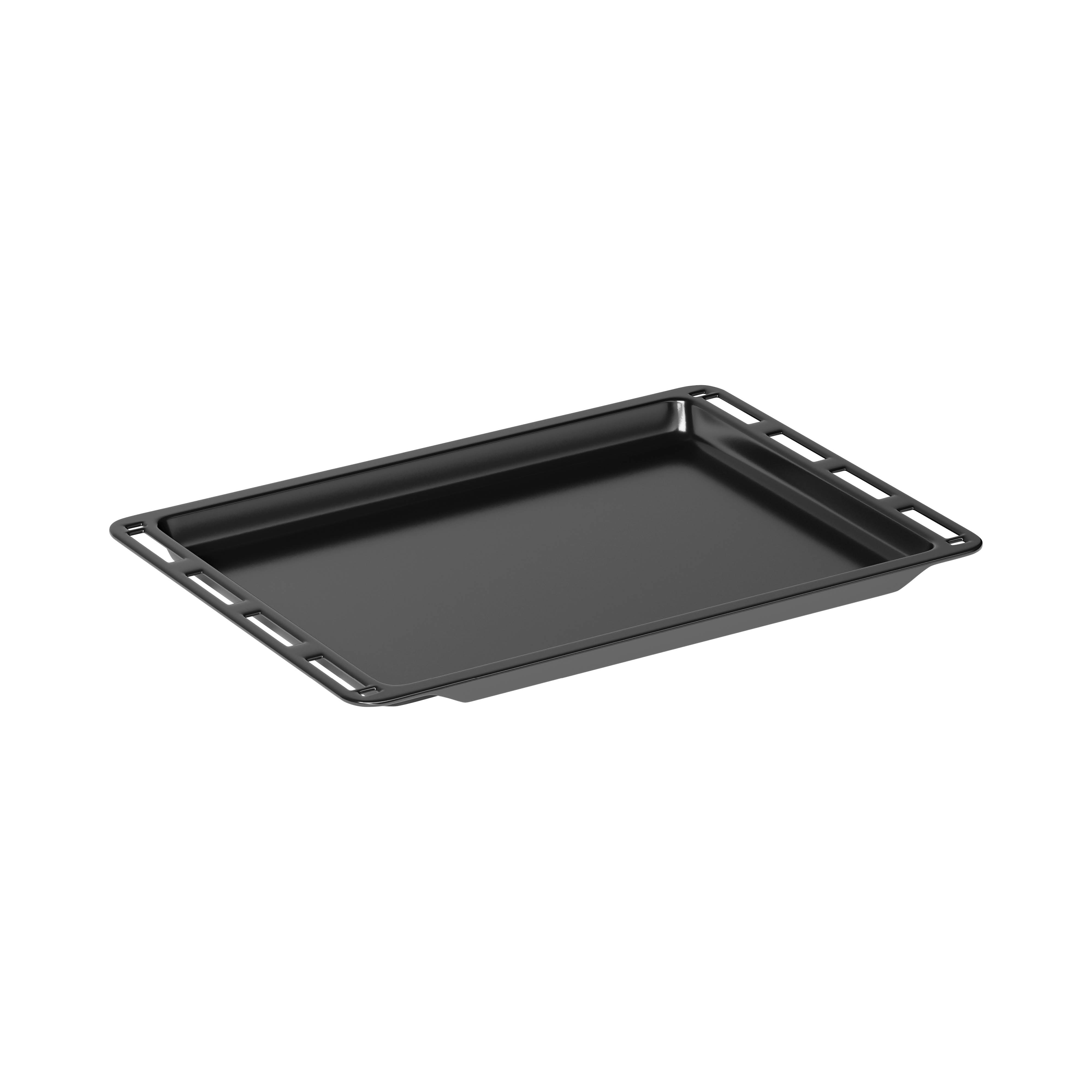 A black oven tray is centered on a white background. The tray is rectangular with a raised edge and slots on the sides.