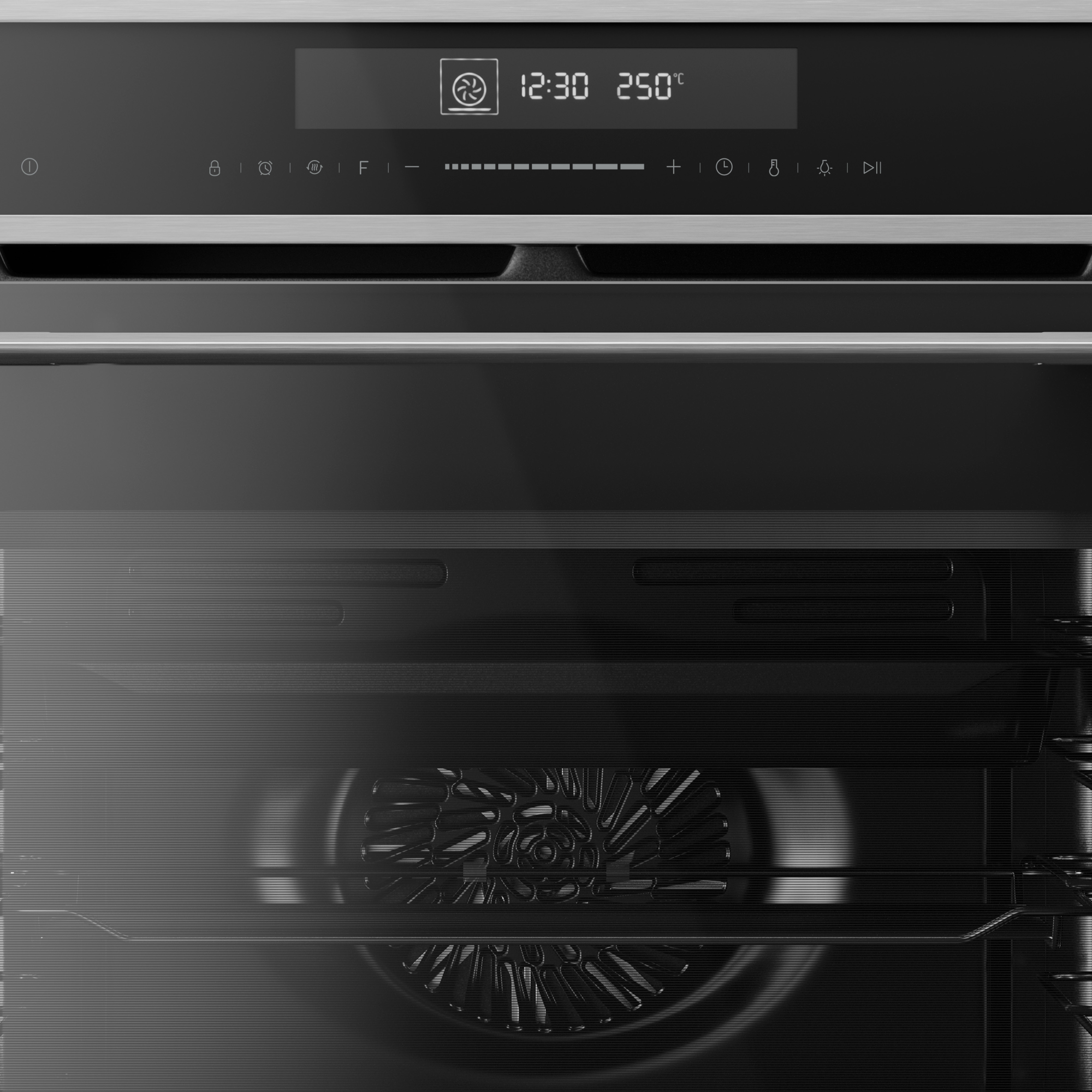 Oven control panel with display showing time and temperature. Interior has a fan and rack.
