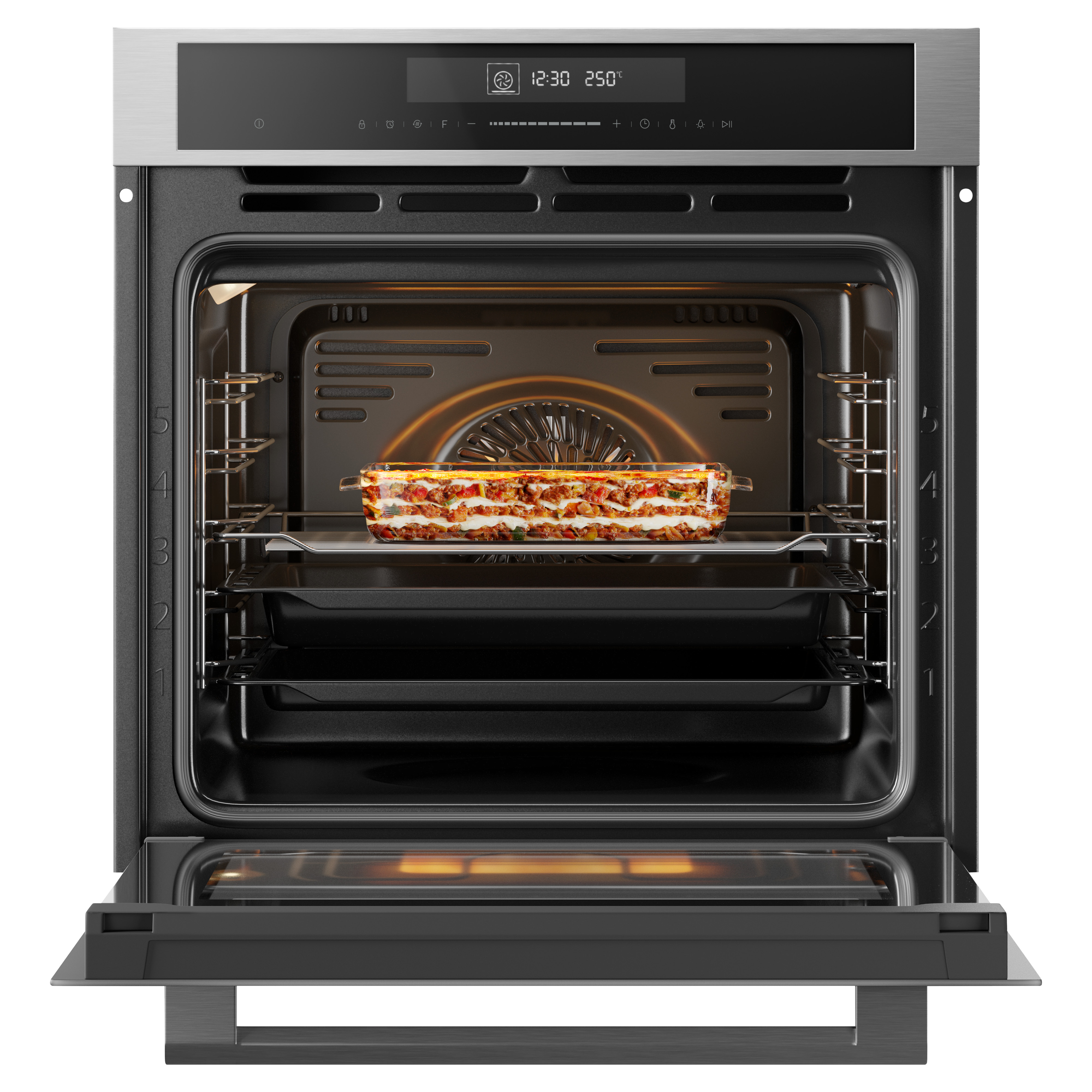 Oven with lasagna inside. The oven door is open. The oven is stainless steel. Time and temperature are displayed.