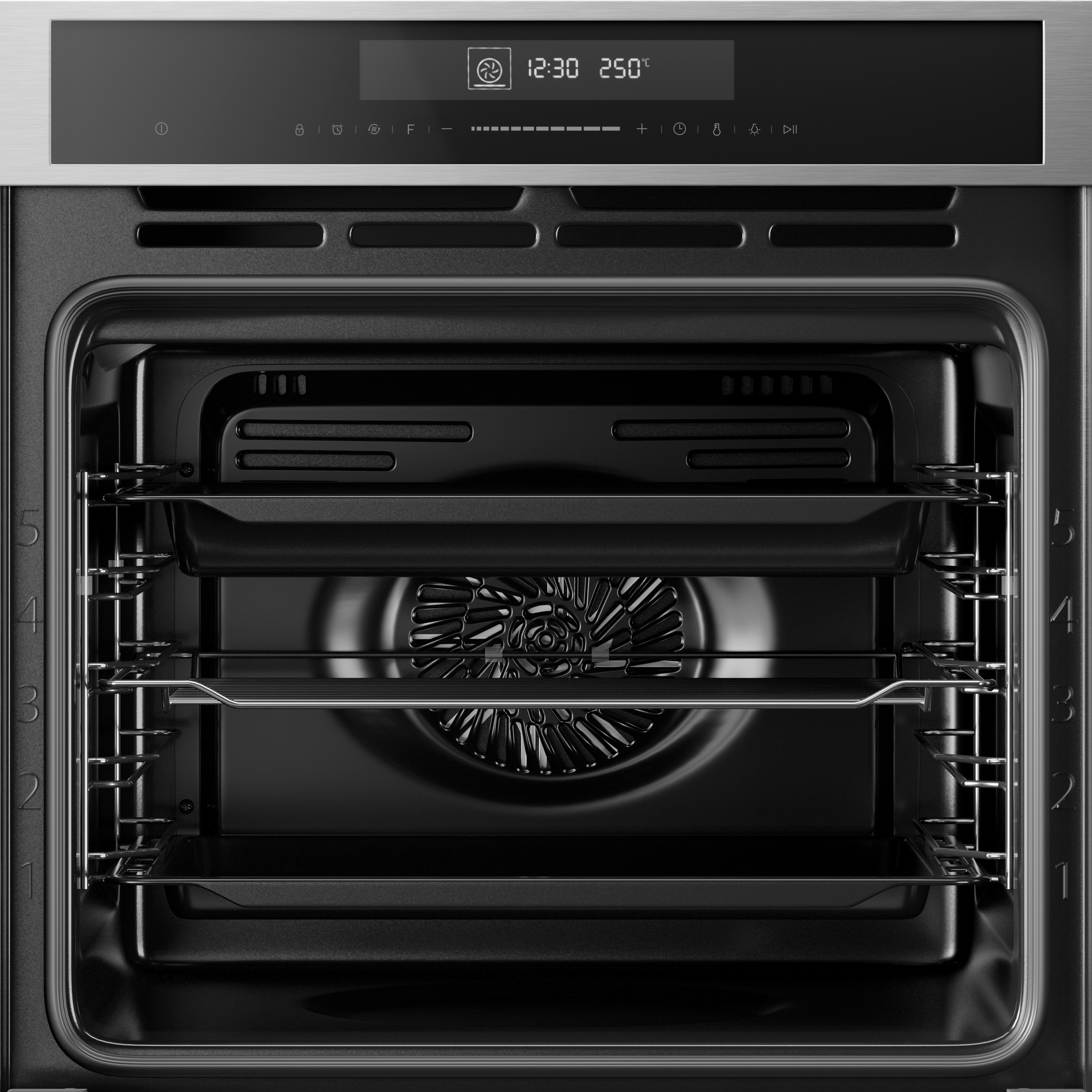 An open oven with racks and a digital display showing time and temperature. Silver frame and black interior.