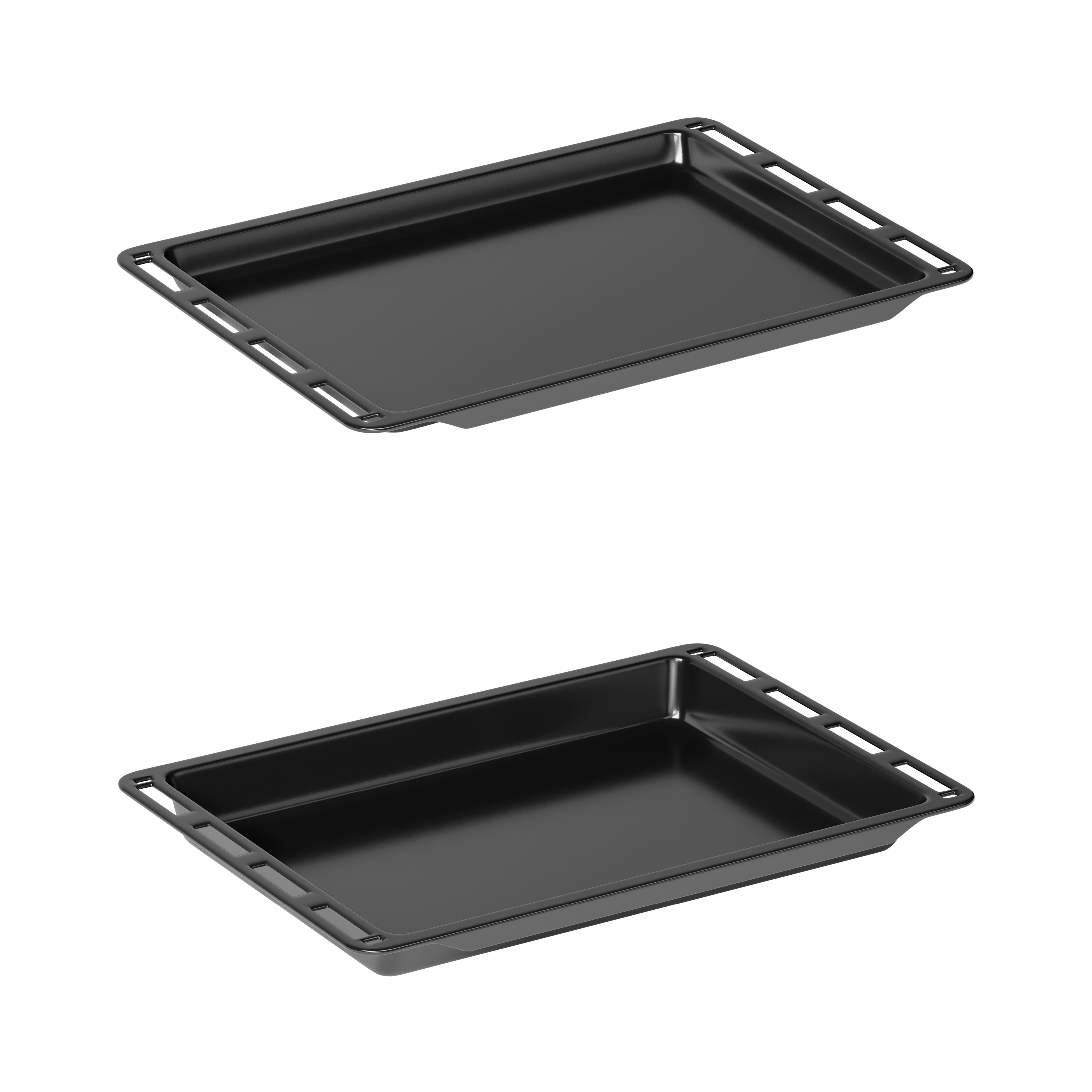 Two black rectangular baking trays on a white background. One is angled, the other straight.