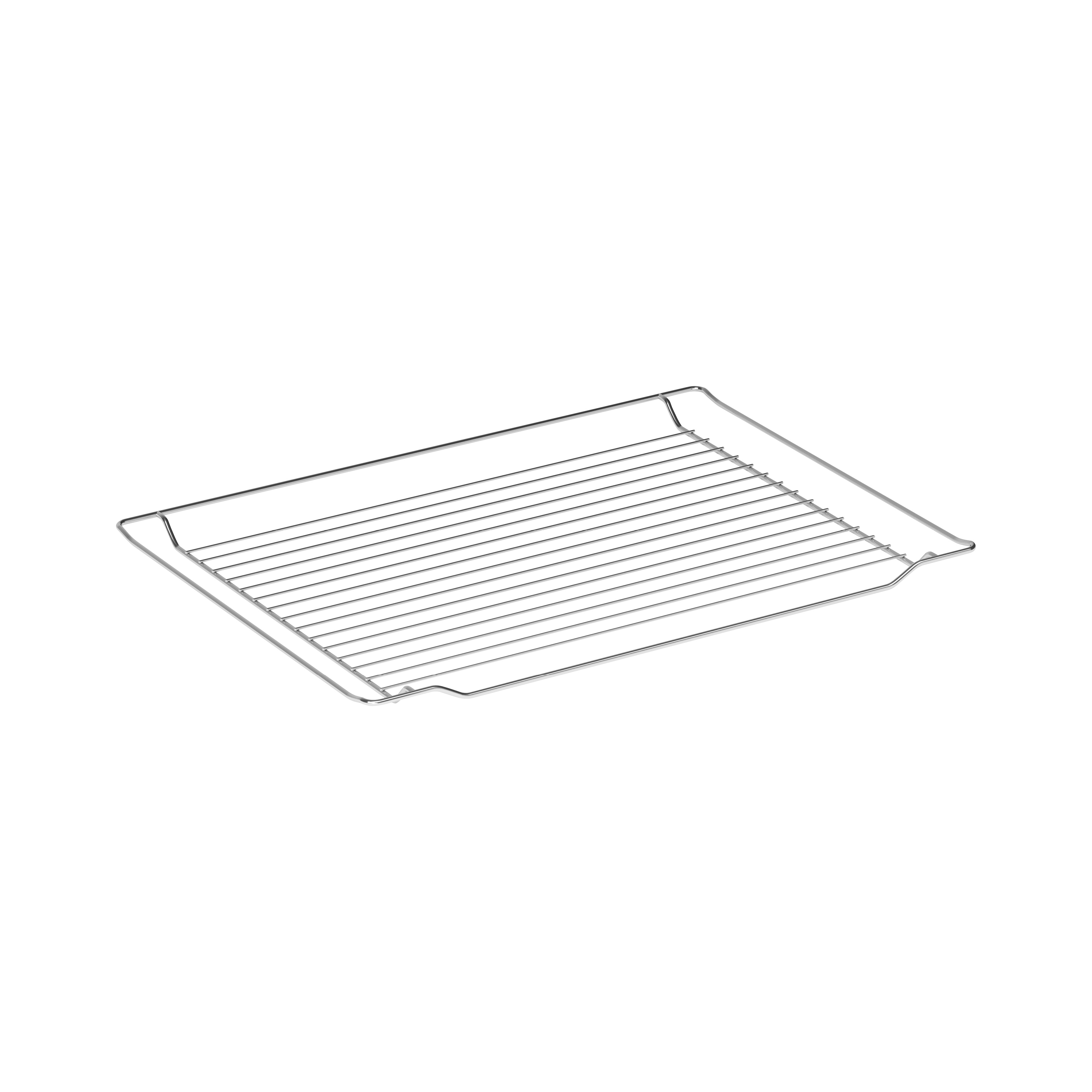 A rectangular, silver-colored oven rack sits against a white background. It has many parallel metal bars.