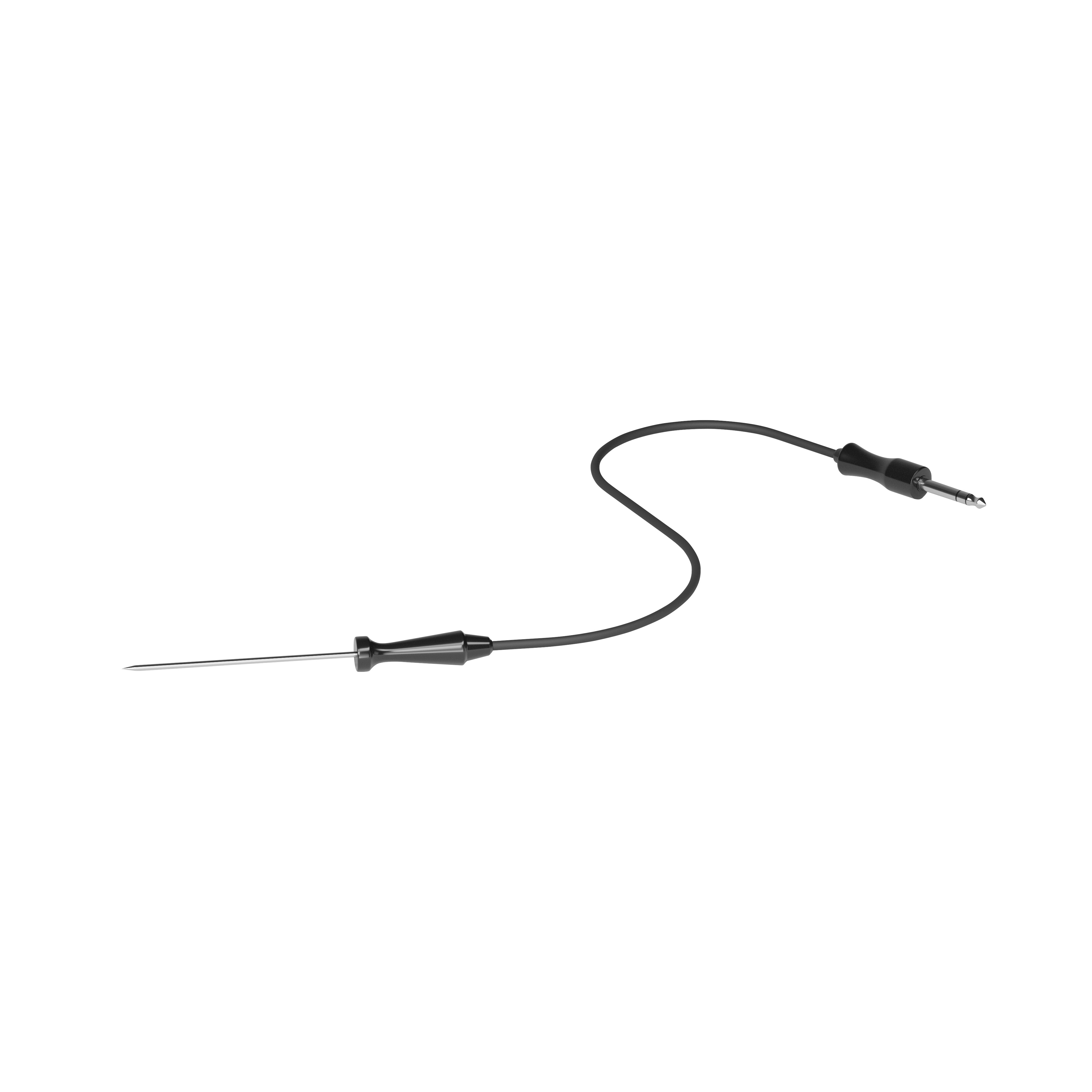 A medical device with a needle and a jack plug connected by a black wire, against a white background.