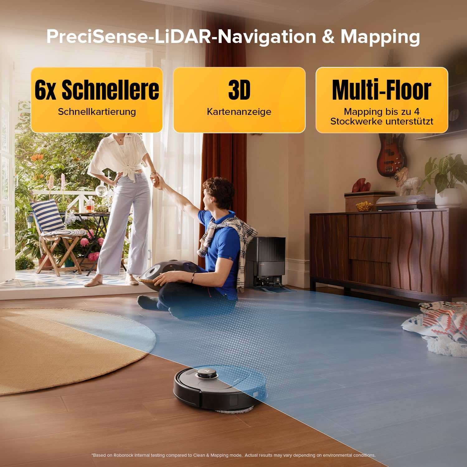 Ludzie w domu z robotem sprzątającym. Tekst na górze mówi 'PreciSense-LiDAR-Navigation & Mapping'.
