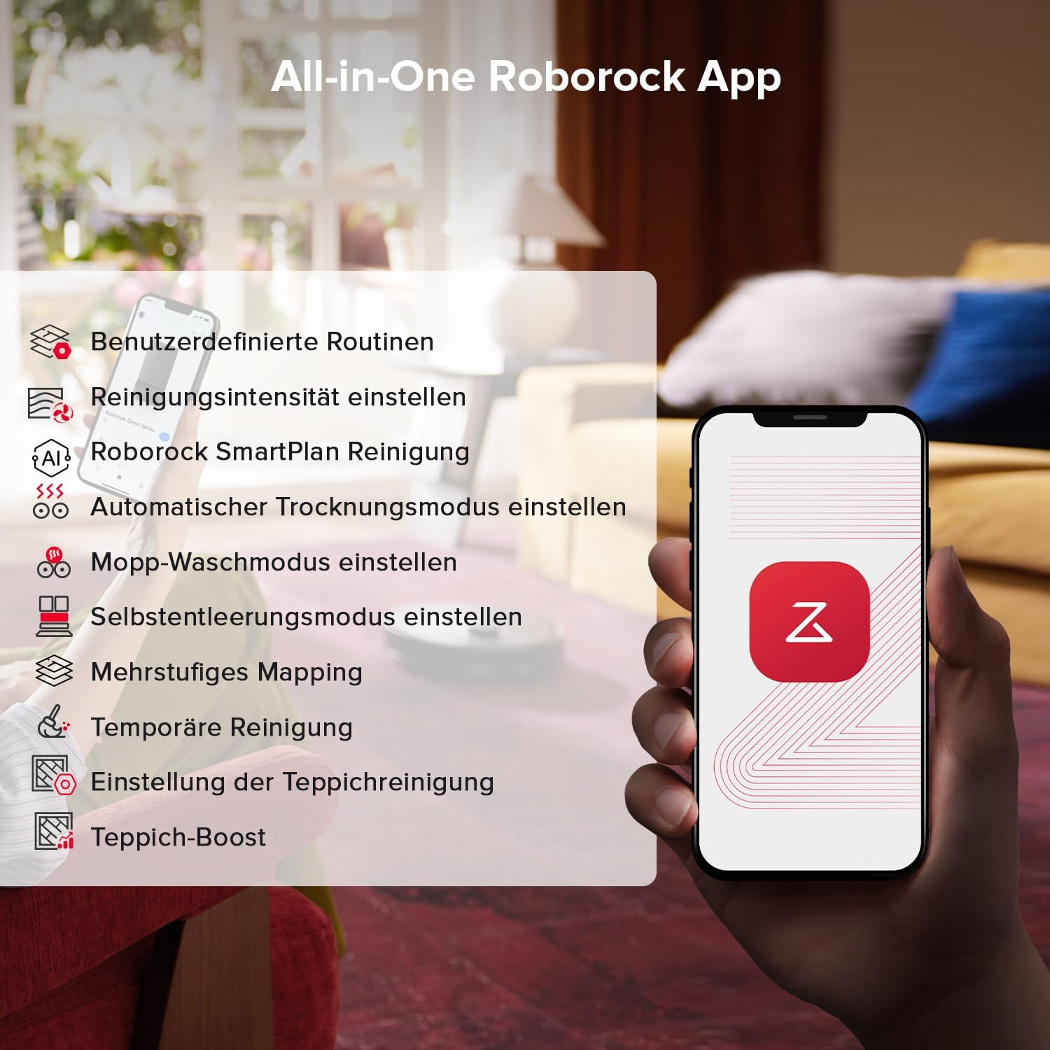 Ręka trzymająca telefon z aplikacją Roborock. Aplikacja pokazuje funkcje takie jak intensywność czyszczenia i SmartPlan.