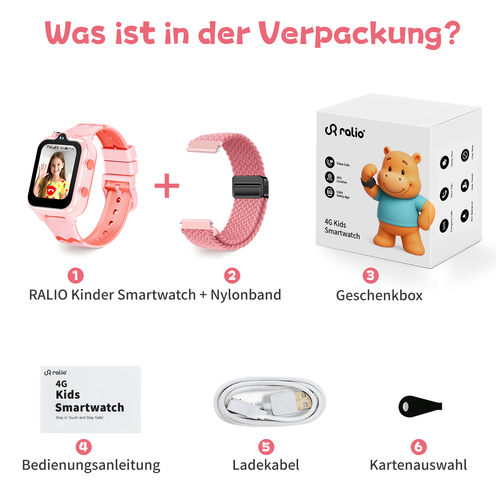 Das Bild zeigt eine rosa Kinder-Smartwatch, ein rosa Nylonband, eine Geschenkbox, ein Handbuch, ein Ladekabel und eine Kartenauswahl.