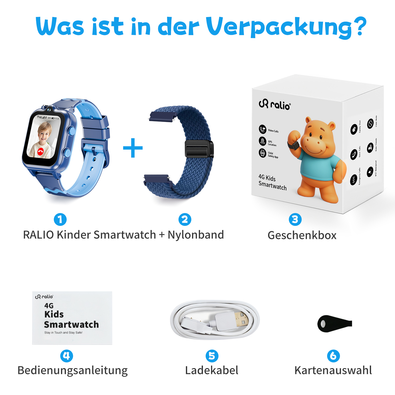 Das Bild zeigt eine blaue Smartwatch, ein marineblaues Nylonband, eine Geschenkbox, eine Anleitung, ein Ladekabel und eine Kartenauswahl.