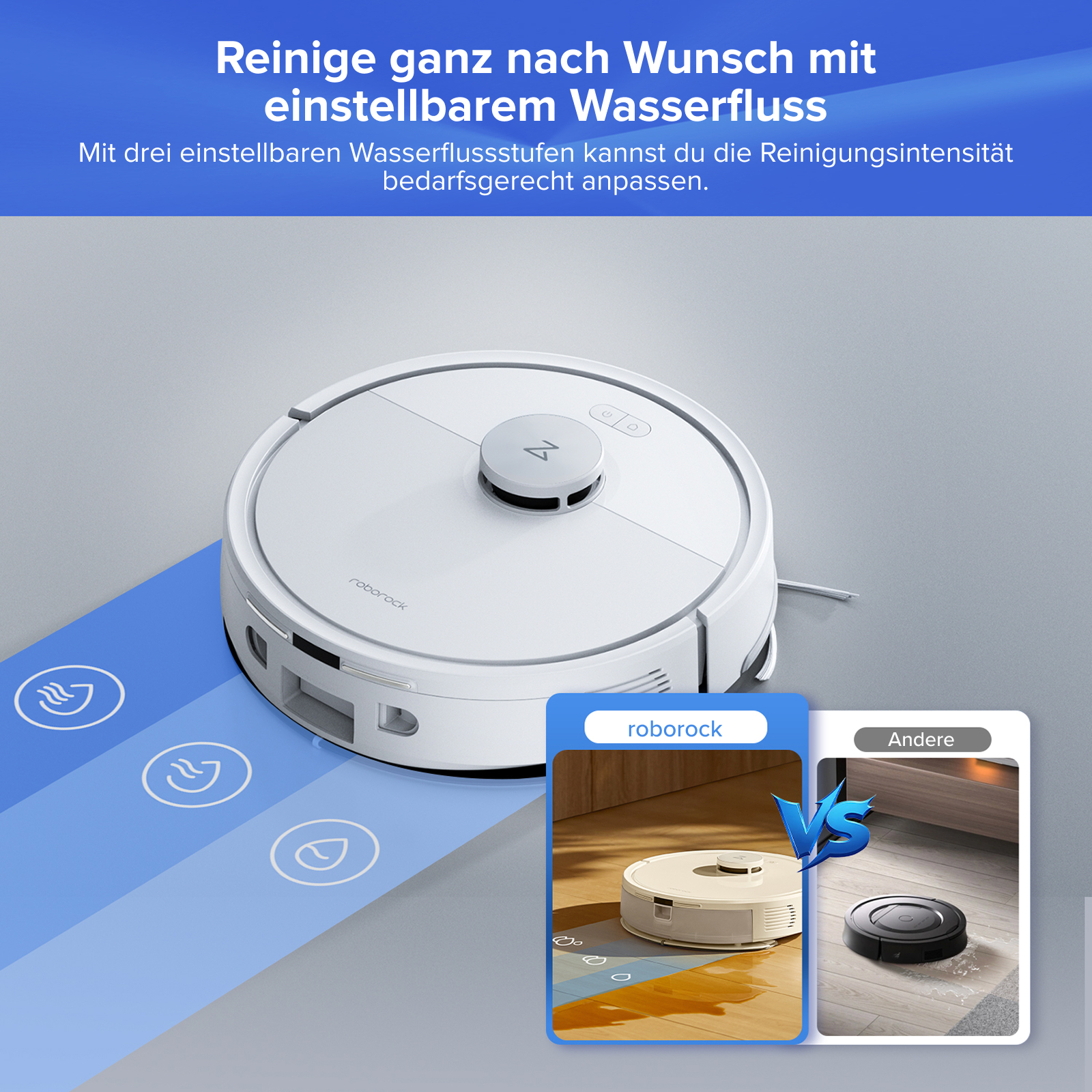 Ein weißer Roboter-Staubsauger auf einer blauen Oberfläche. Das Bild hat Text auf Deutsch und Vergleichsbilder.