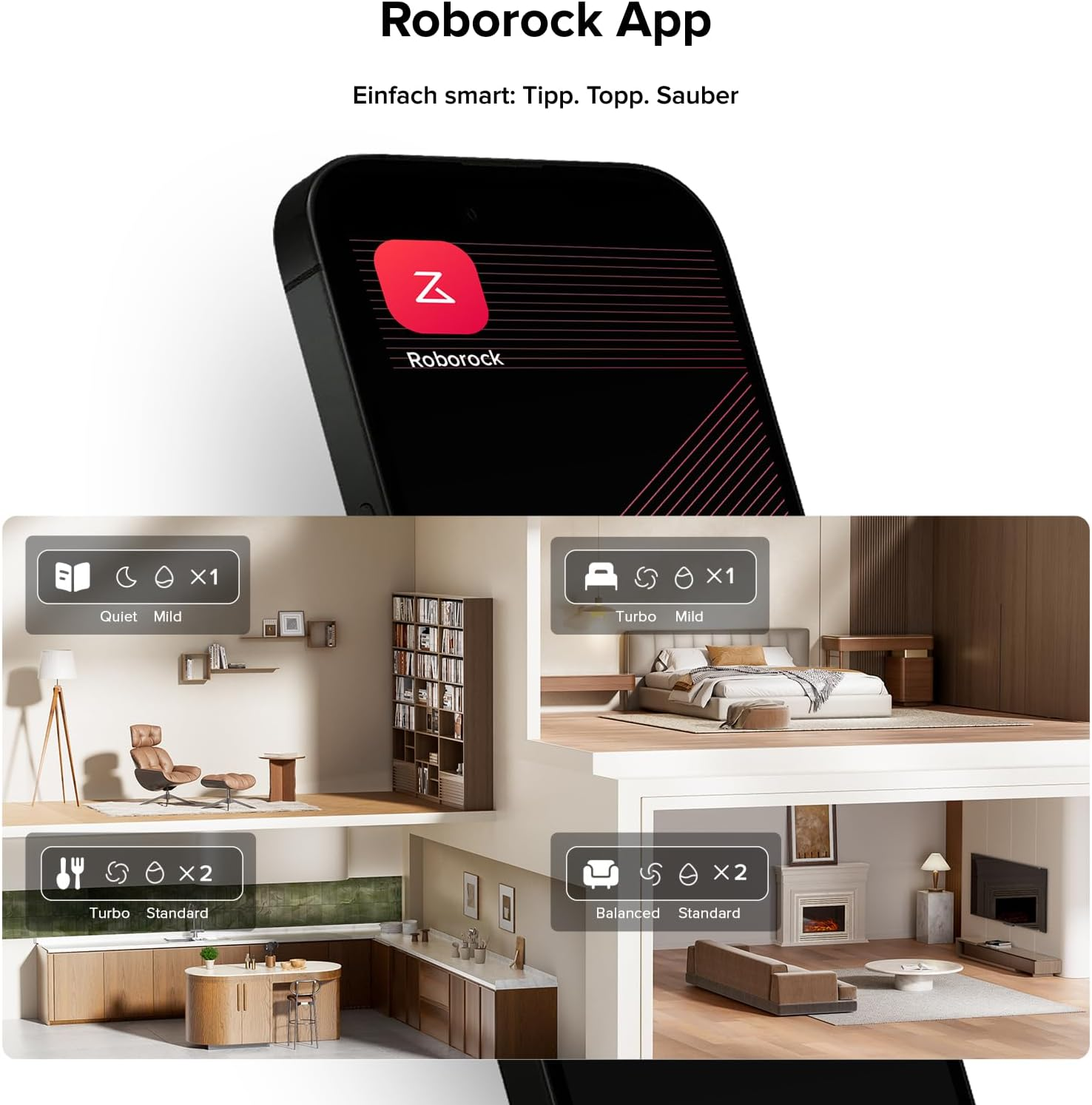 Interfaz de la aplicación Roborock que muestra los modos de limpieza para diferentes habitaciones: sala de estar, cocina, dormitorio y un teléfono inteligente.