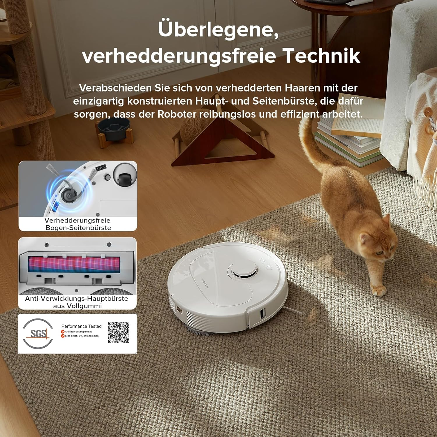 Ein weißer Roboter-Staubsauger steht auf einem Teppich. Eine rot getigerte Katze geht in der Nähe. Text beschreibt die Funktionen.