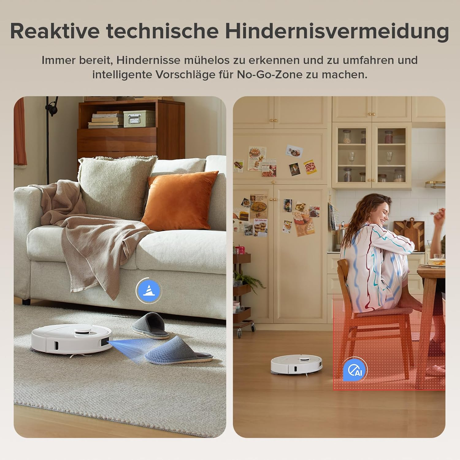 Ein Roboter-Staubsauger umgeht Hindernisse. Eine Person sitzt an einem Tisch. Die Szene spielt in einem Wohn- und Essbereich.
