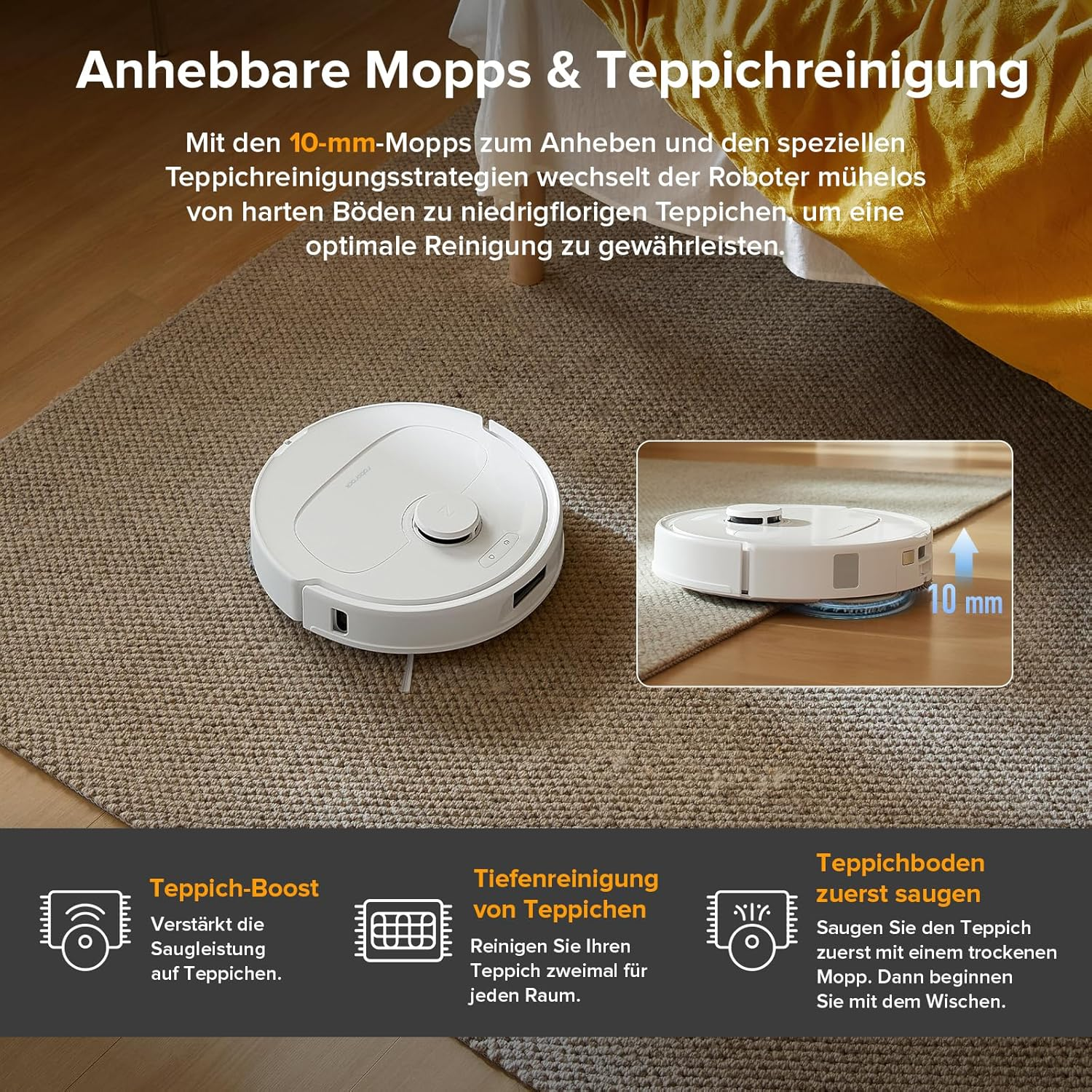 Ein weißer Roboter-Staubsauger auf einem braunen Teppich. Er hat eine Reinigungsstrategie für Hartböden und Teppiche.