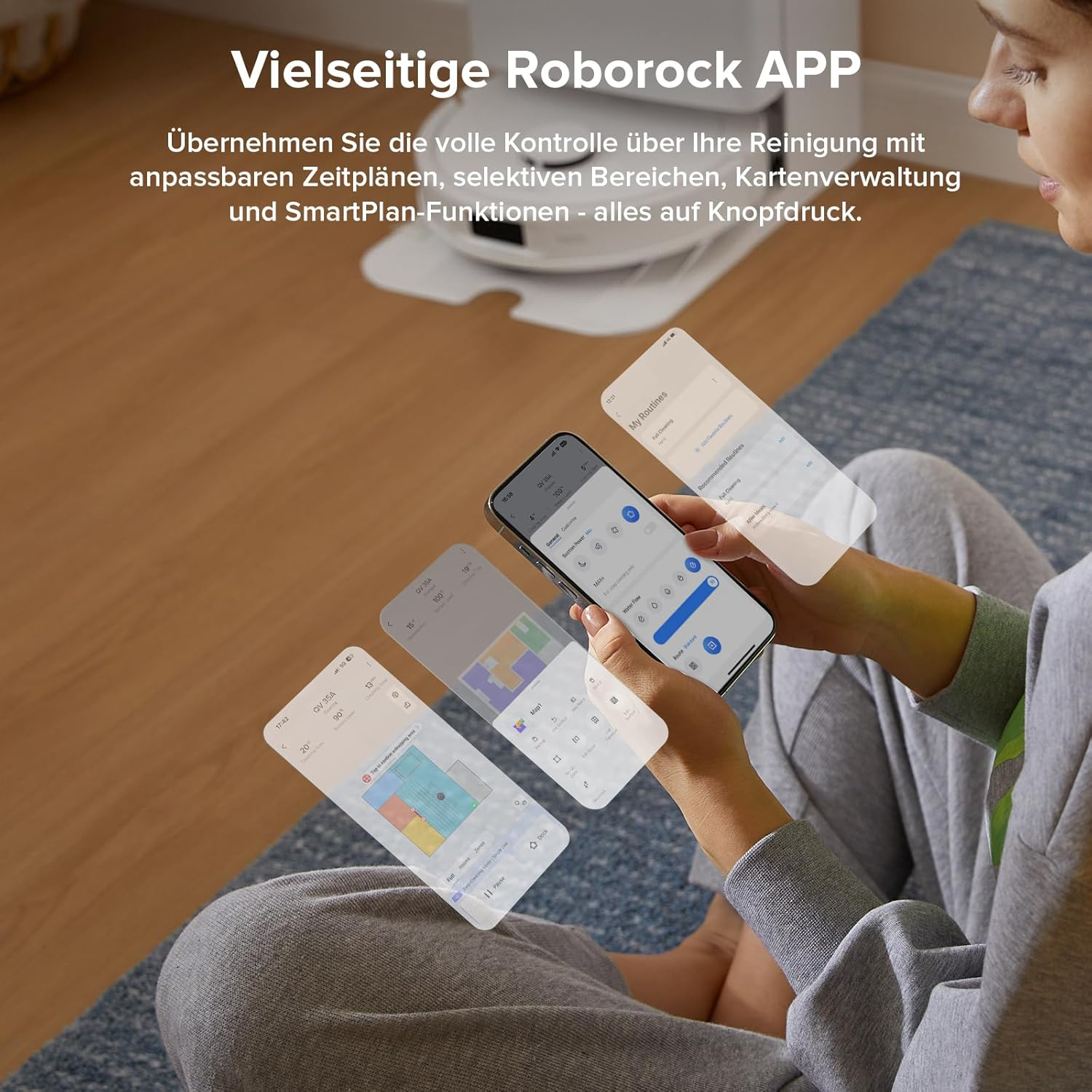 Eine Frau hält ein Telefon, das Roborock-App-Funktionen anzeigt. Das Telefon zeigt Einstellungen, Karten und Reinigungsoptionen.