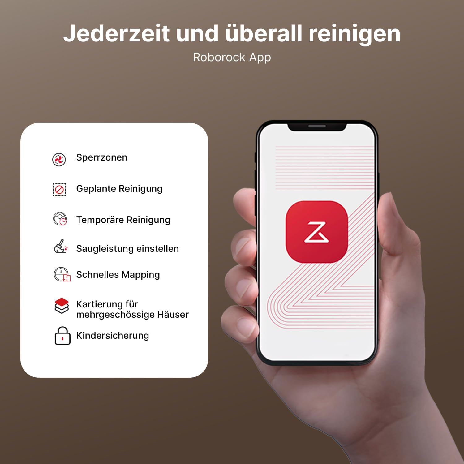 Una mano tiene un telefono che mostra un'interfaccia dell'app. L'app ha un logo 'Z' rosso. Testo e icone sulle funzioni di pulizia a sinistra.