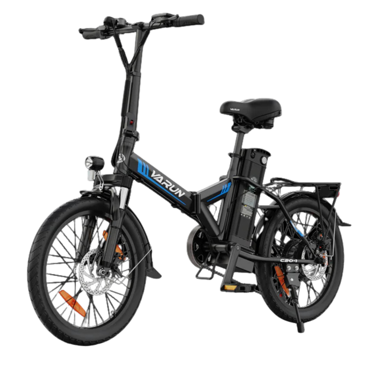 Czarny rower elektryczny Varun, z niebieskimi akcentami. Posiada przednie światło, hamulce tarczowe, tylny bagażnik i akumulator. Na białym tle.