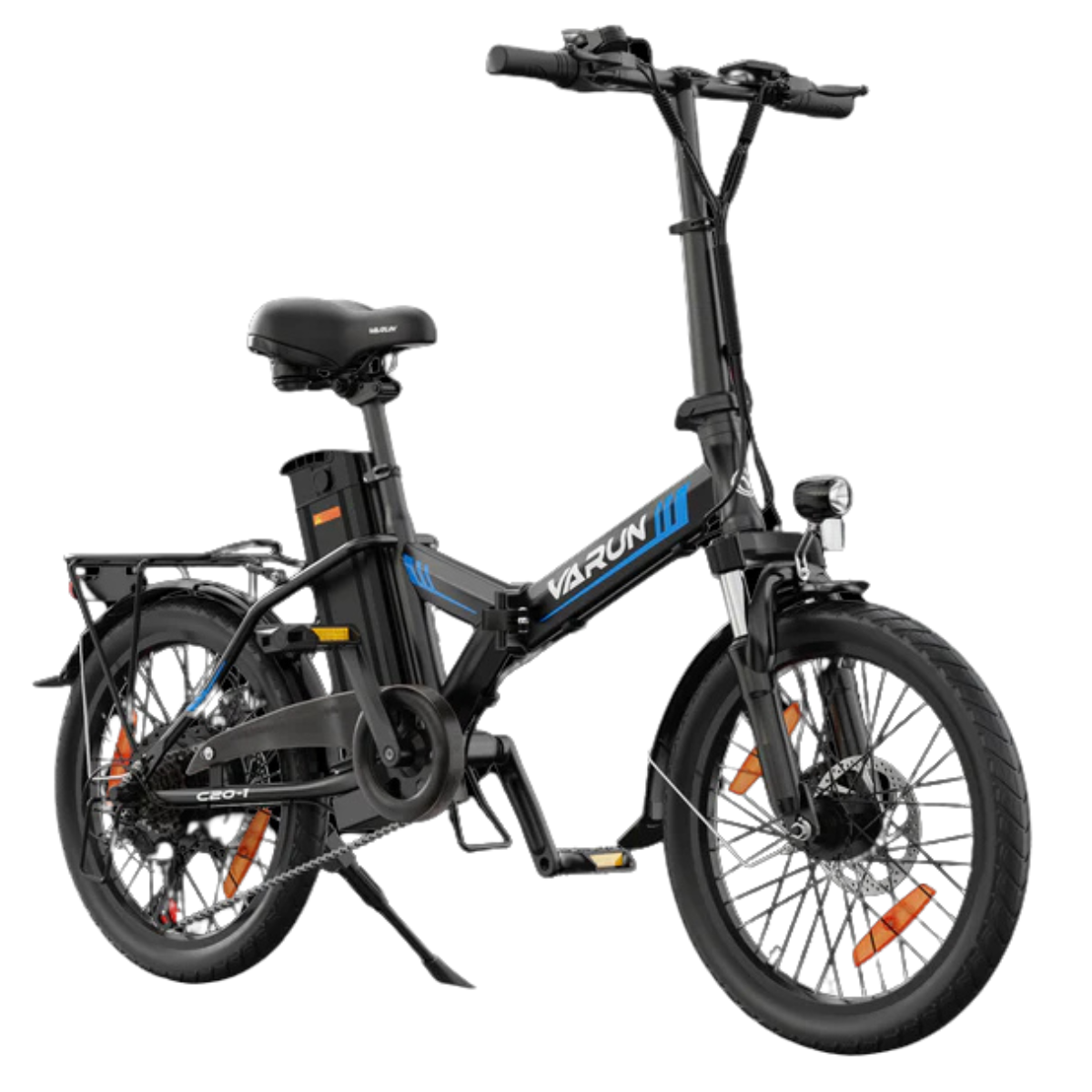 Czarny rower elektryczny z niebieskimi akcentami, reflektorem i nazwą 'VARUN'. Posiada tylny bagażnik i pomarańczowe odblaski na kołach.