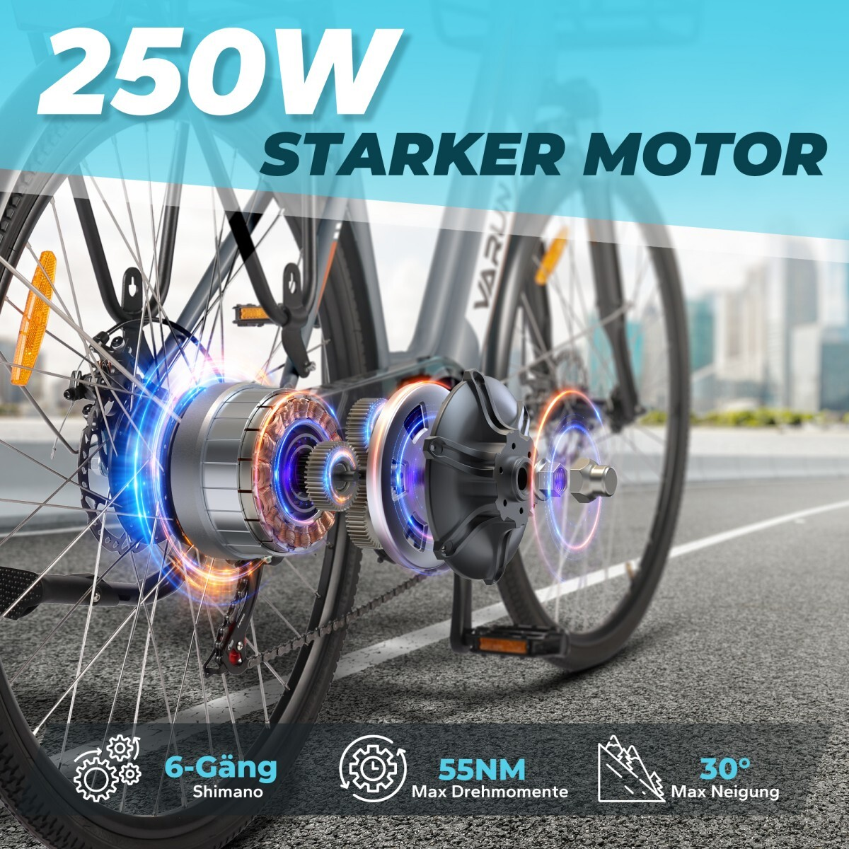 Rower elektryczny z widocznymi elementami silnika. Tekst: 250W, Mocniejszy silnik, 6 biegów Shimano, 55NM Maksymalny moment obrotowy, 30° Maksymalne nachylenie.