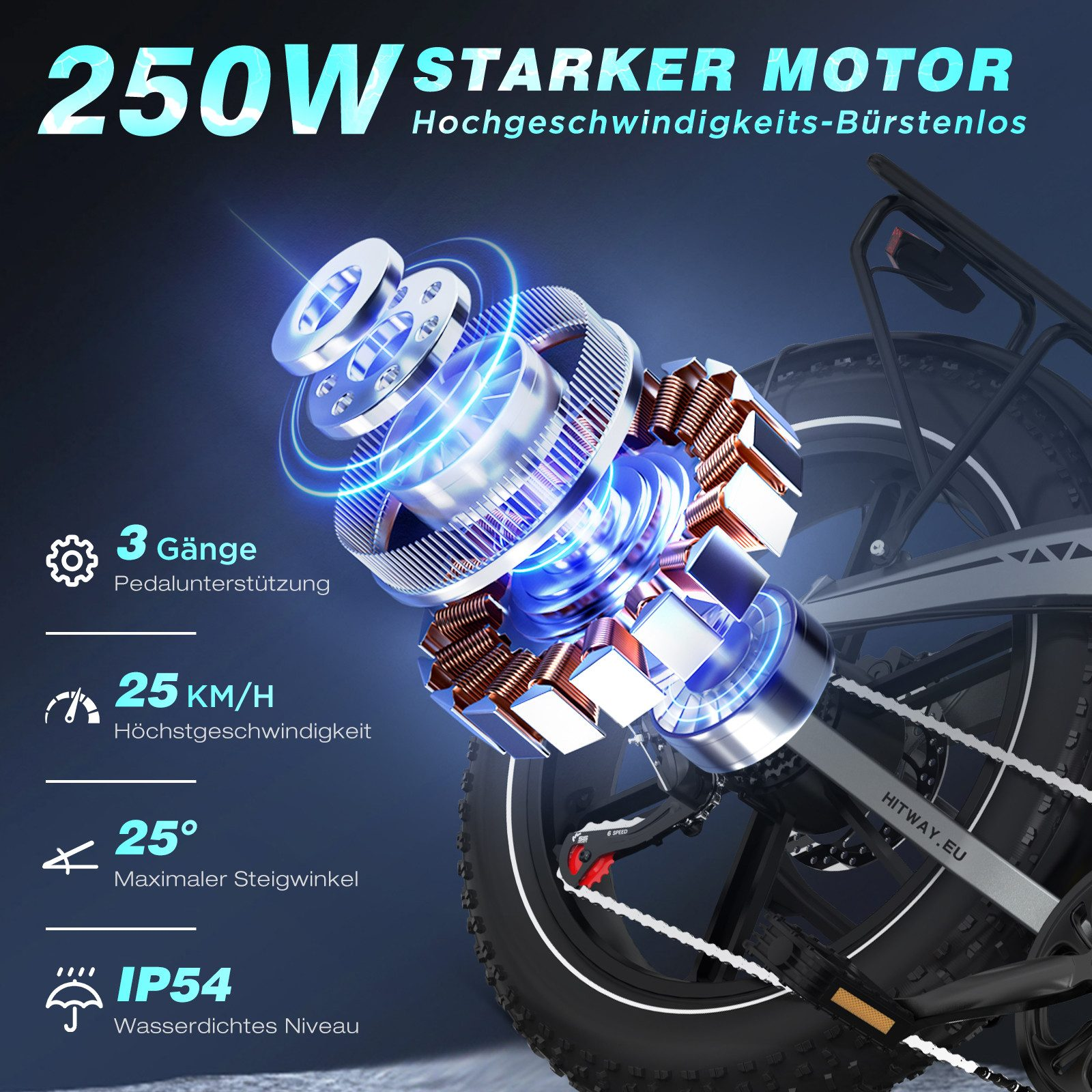 Elektromotor mit Spezifikationen: 250W, 25 km/h Geschwindigkeit, 3 Gänge, 25° Steigungswinkel und IP54 Wasserdichtigkeit.