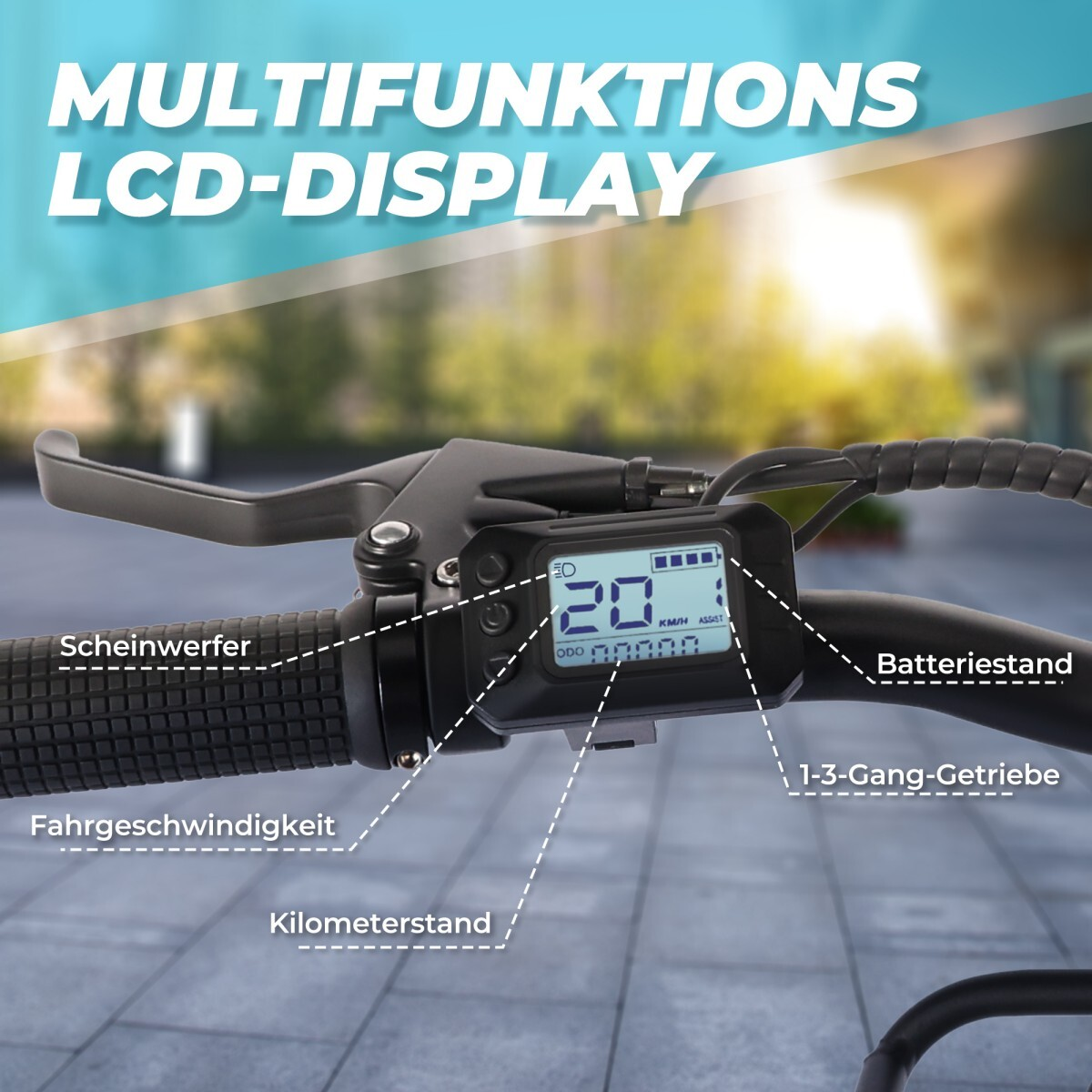 Zbliżenie kierownicy roweru z wyświetlaczem LCD pokazującym prędkość. Etykiety wskazują na elementy, takie jak reflektor i poziom naładowania baterii.