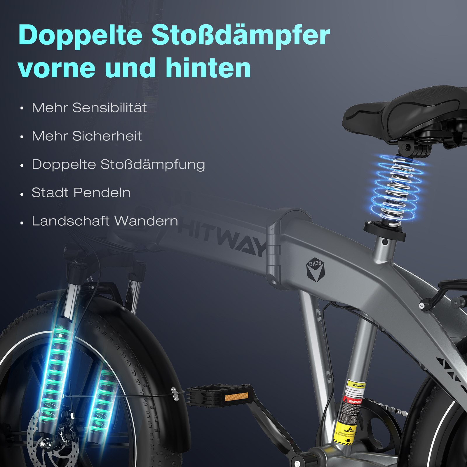 Ein E-Bike mit Vorder- und Hinterradaufhängung. Der Text links lautet: 'Doppelte Stoßdämpfer vorne und hinten'.