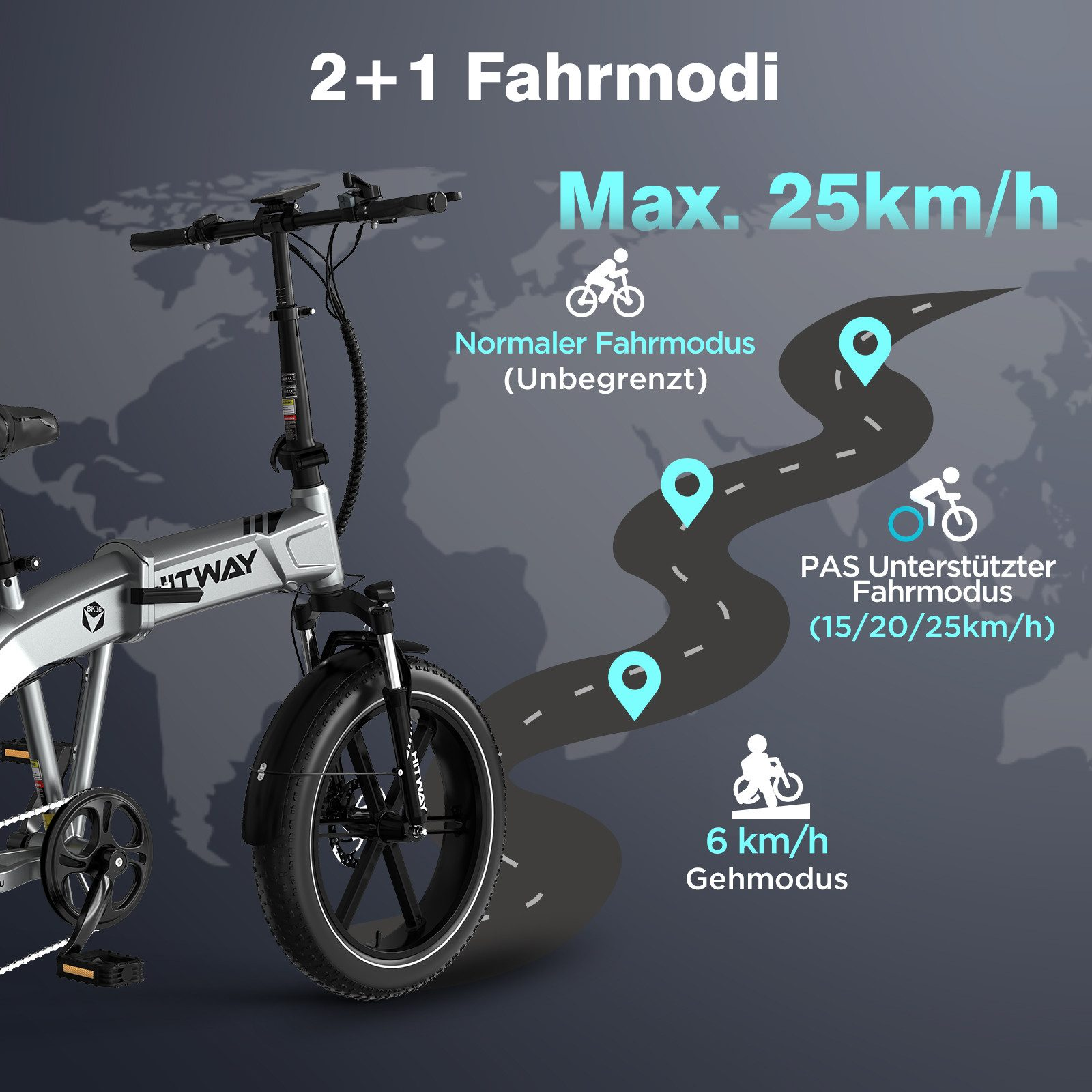Ein E-Bike mit Geschwindigkeitsangaben. Zeigt 2+1 Modi, max. 25 km/h Geschwindigkeit und andere Modusgeschwindigkeiten.