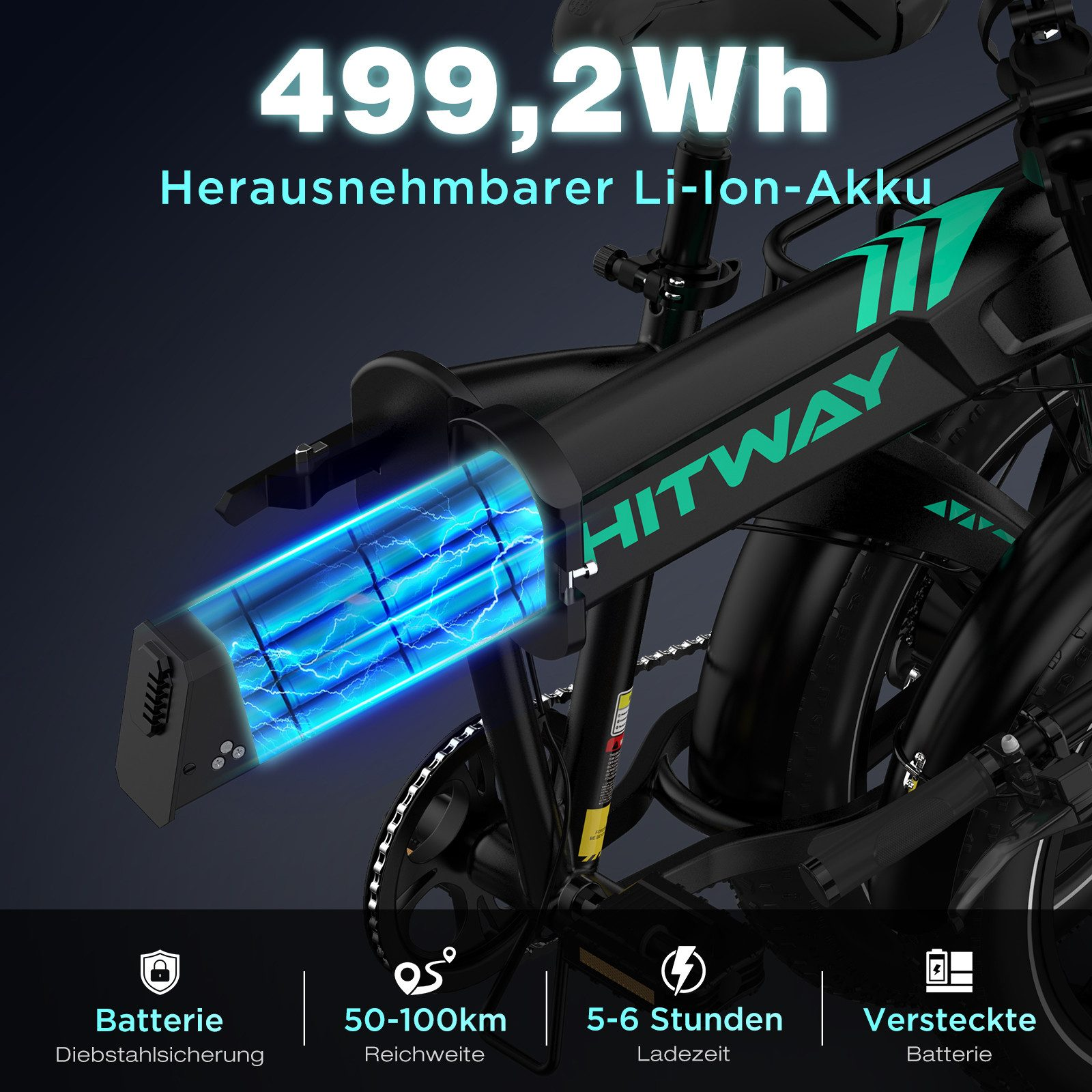 Ein E-Bike mit herausnehmbarem Akku. Text hebt Batteriekapazität, Reichweite, Ladezeit und versteckte Batterie hervor.