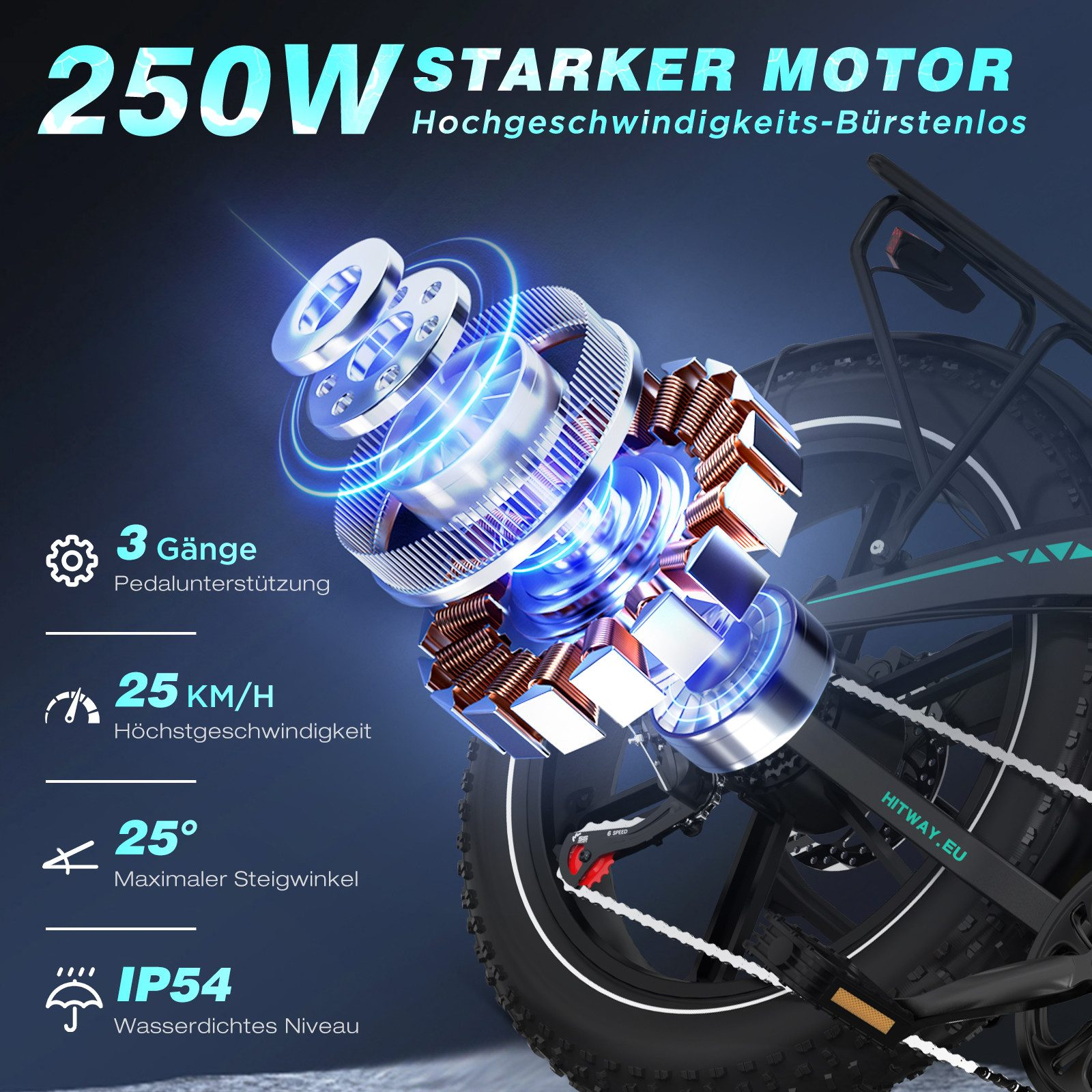 Elektromotor mit Spezifikationen: 250W, 25 km/h, 25 Grad Steigung, IP54 wasserdicht und 3 Gänge. Text enthält HITWAY.EU.