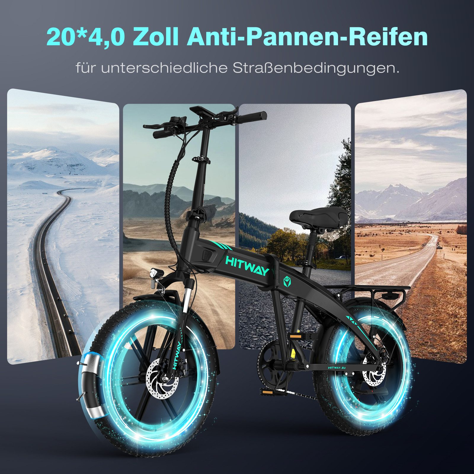 Schwarzes HITWAY Elektrofahrrad mit blau leuchtenden Rädern. Hintergründe zeigen verschiedene Terrains. Text: 20*4.0 Zoll Anti-Pannen-Reifen.