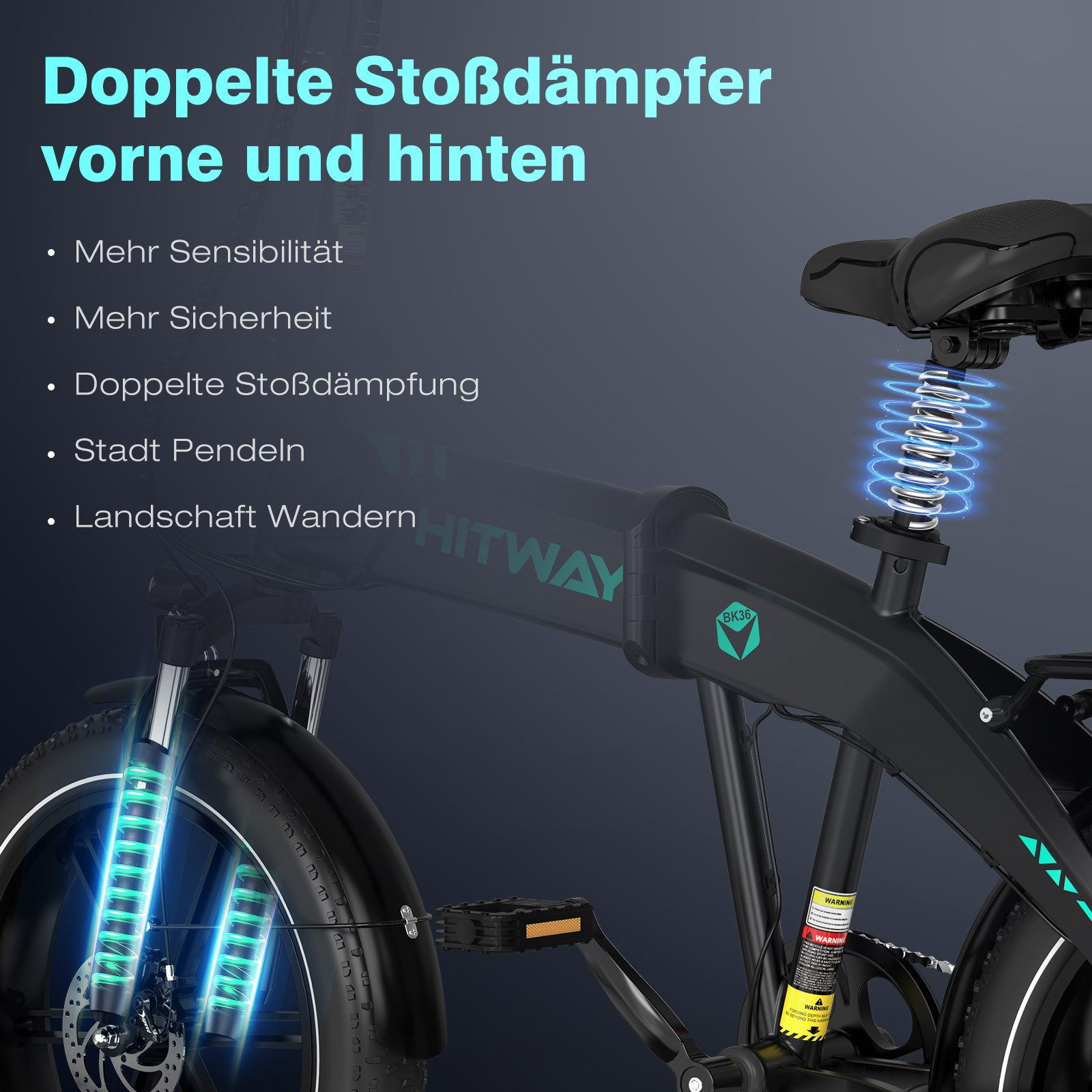 Schwarzes Klapprad mit hervorgehobener Federung und Text: Doppelte Stoßdämpfer. Das Fahrrad hat ein Warnschild.