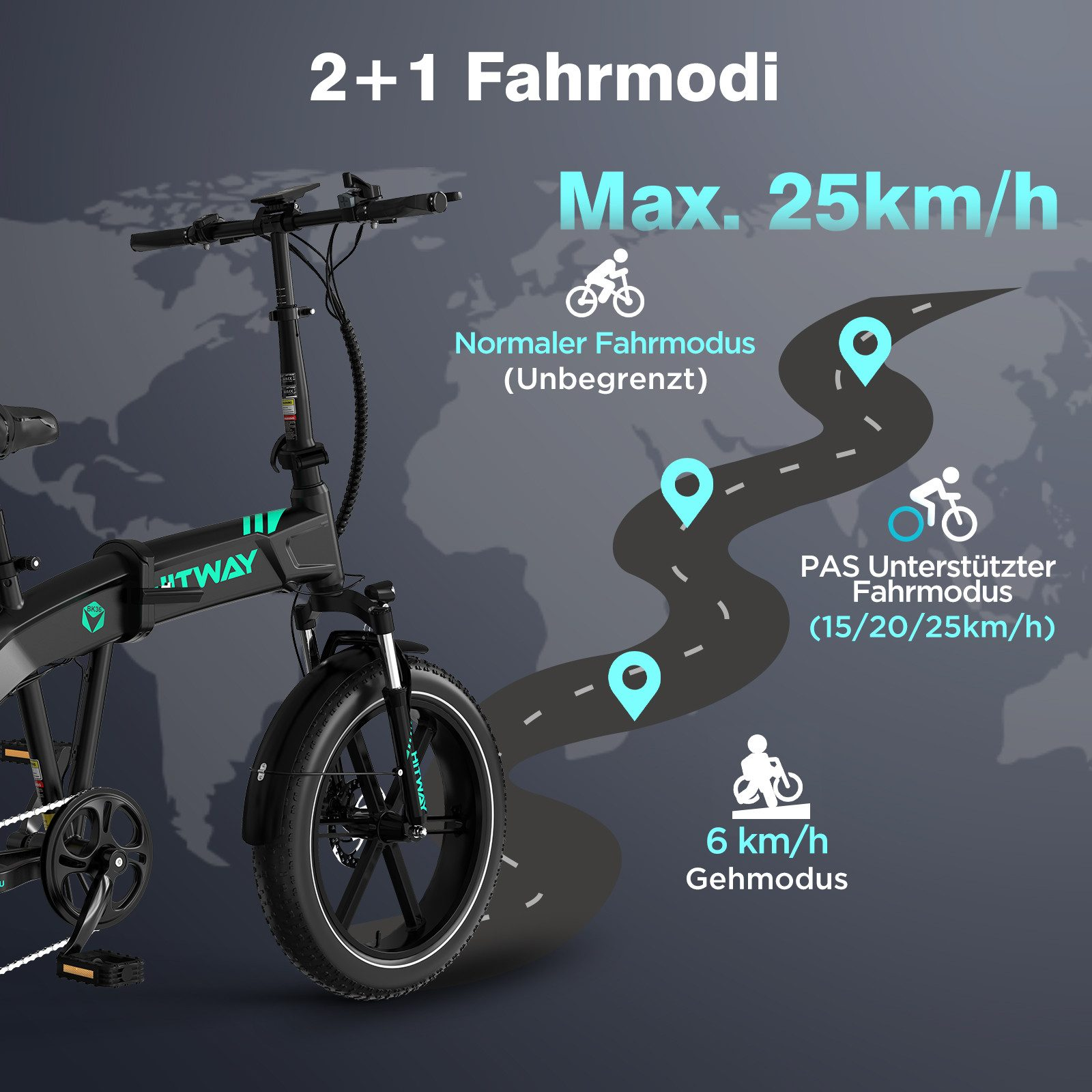 Ein E-Bike mit drei Fahrmodi: Normal (unbegrenzt), PAS (15/20/25 km/h) und 6 km/h Gehmodus. Max. Geschwindigkeit 25 km/h.