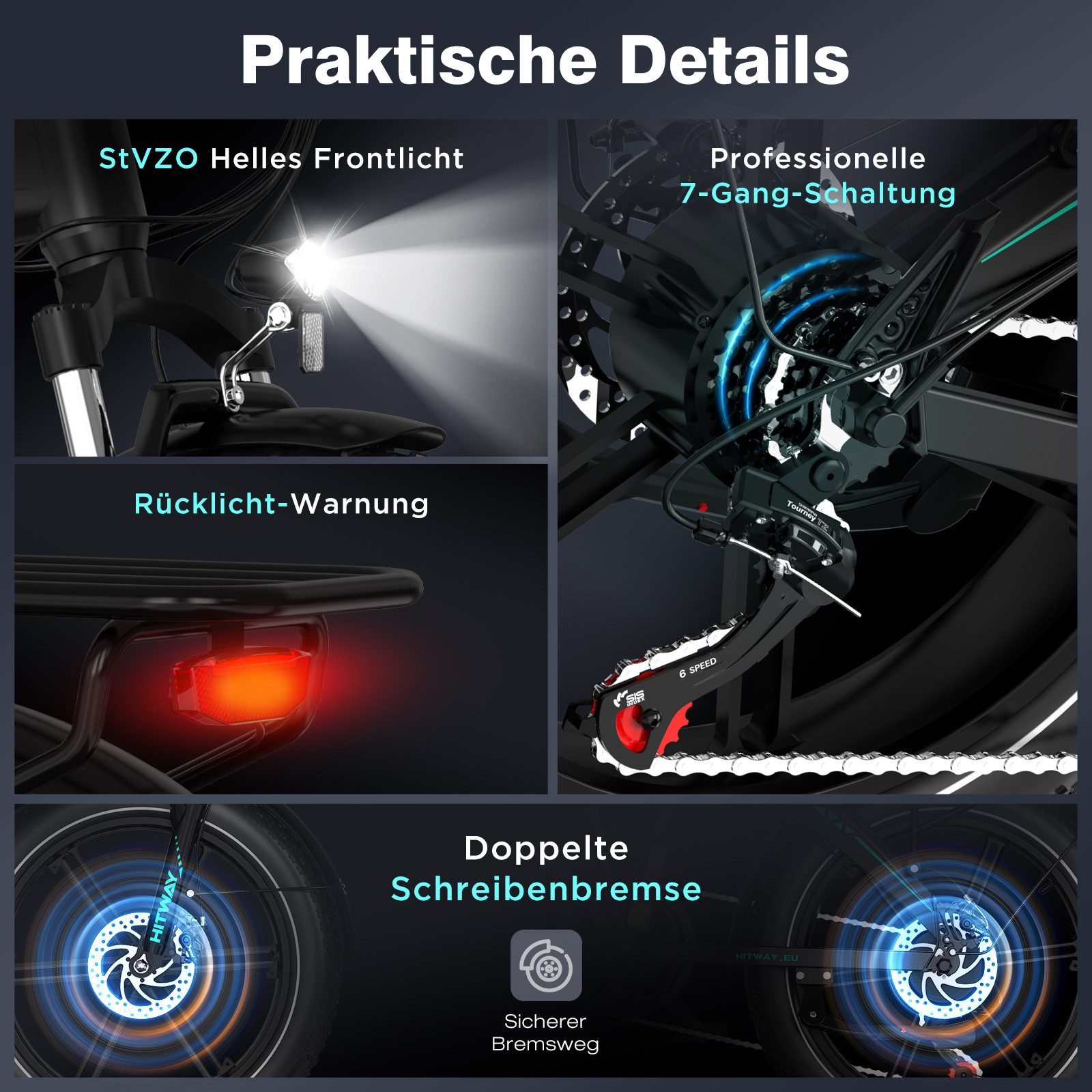 Nahaufnahme eines Fahrrads. Details umfassen Frontlicht, 7-Gang-Schaltung, Rücklicht und Scheibenbremsen. Textlabels heben Merkmale hervor.