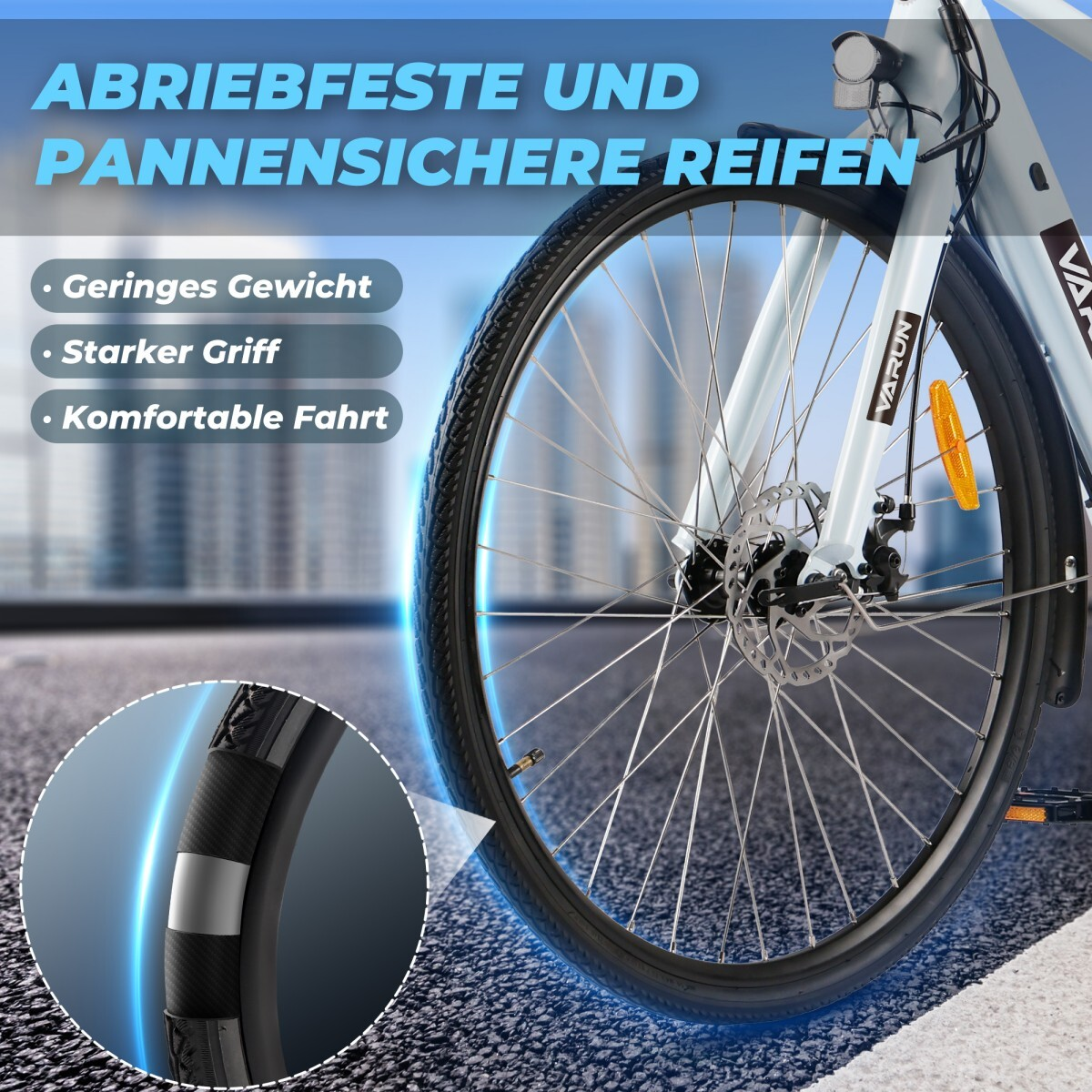 Zbliżenie koła i opony roweru z nakładką tekstową. Opona jest czarna, rower biały. Tekst podkreśla cechy opony.