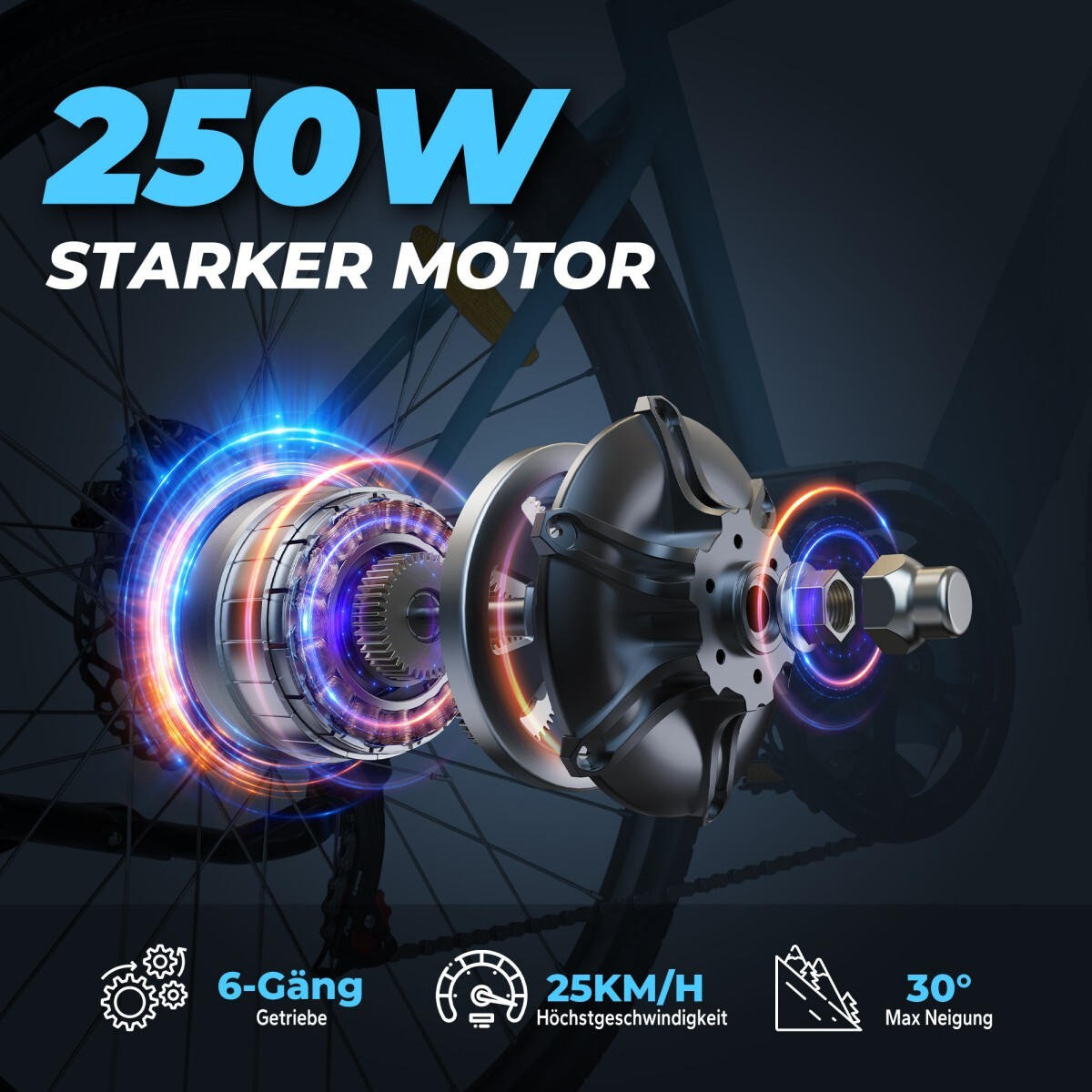 Silnik do roweru elektrycznego ze specyfikacjami: 250W, 25KM/H, 6 biegów i 30° maks. nachylenia. Projekt ma niebieskie i pomarańczowe akcenty.