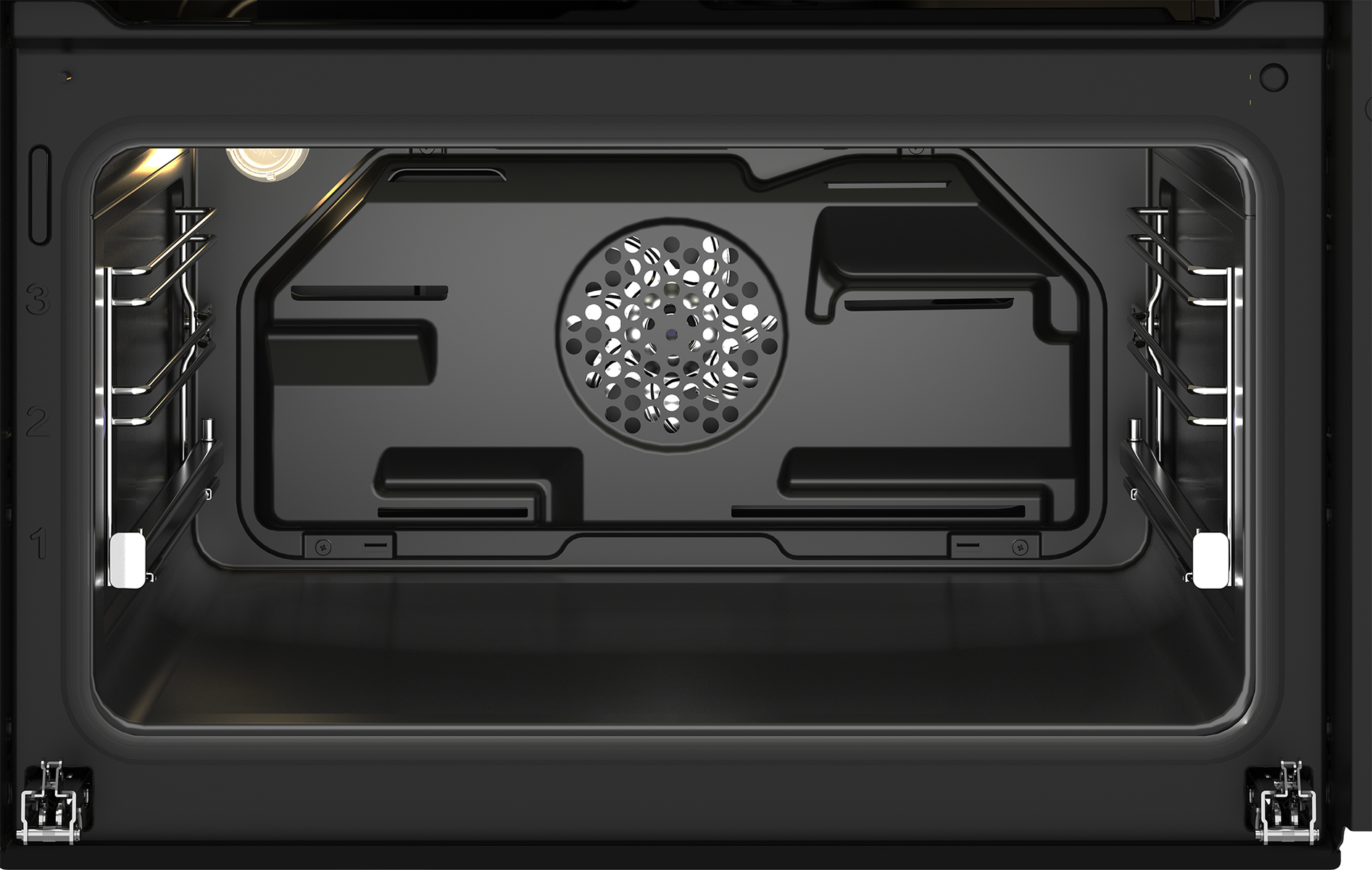 Wnętrze czarnego piekarnika z rusztami i wentylatorem. Piekarnik ma trzy poziomy rusztów. U góry świeci światło.