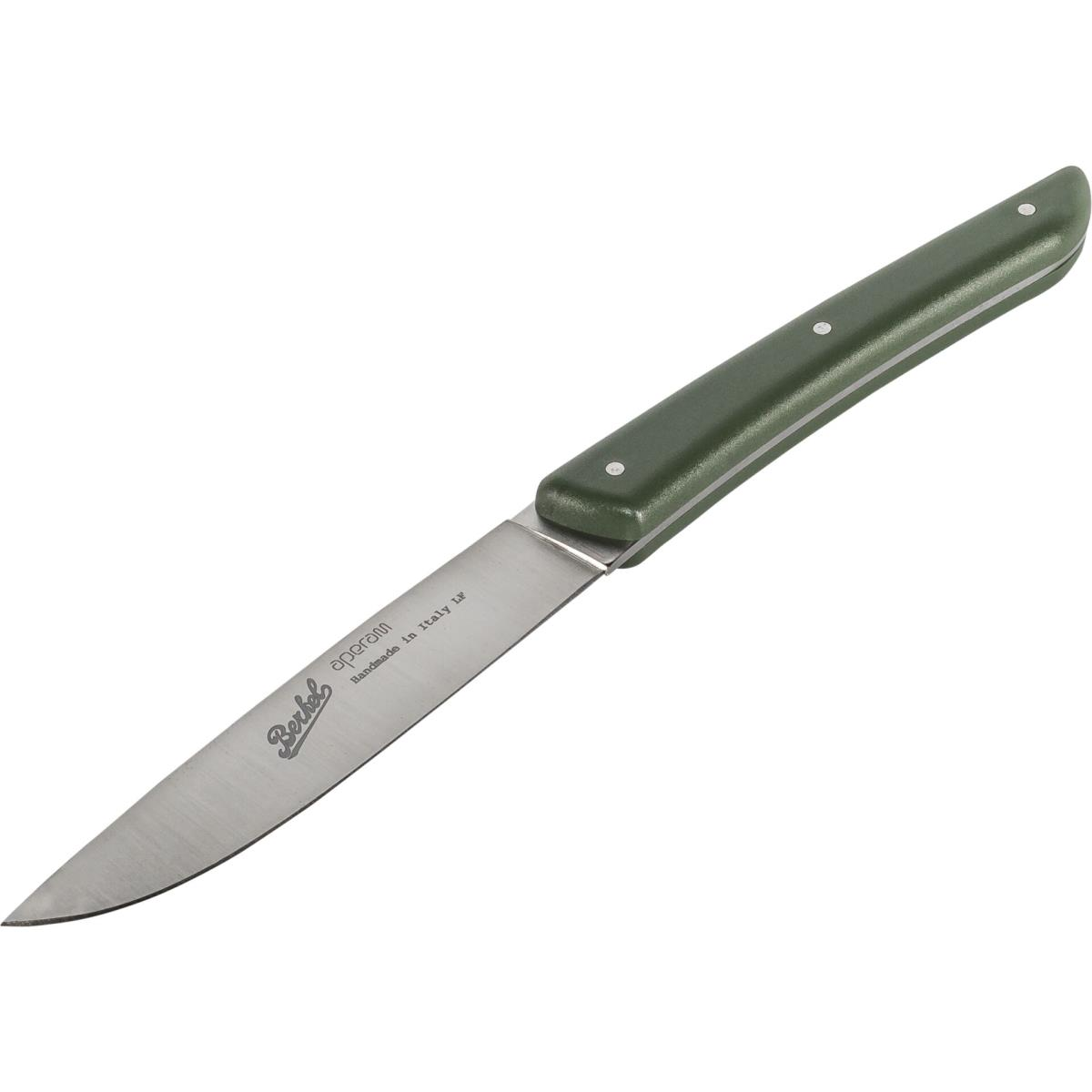 Ein Edelstahlmesser mit grünem Griff, die Klinge ist scharf. Der Markenname ist auf der Klinge sichtbar.