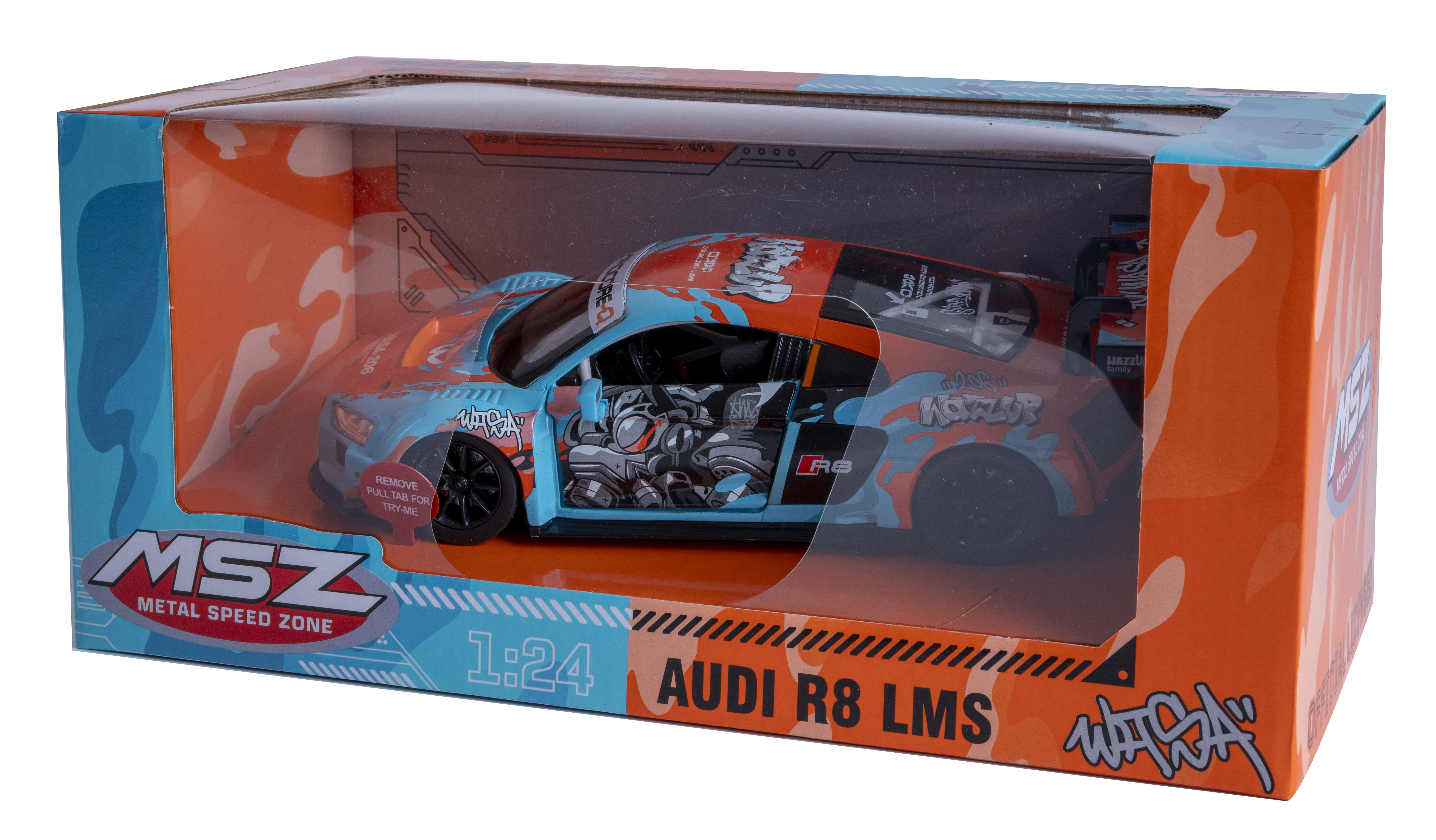 Ein Spielzeug-Audi R8 LMS-Auto in einer Schachtel. Das Auto ist blau und orange, mit Graffiti. Die Box ist orange und blau.