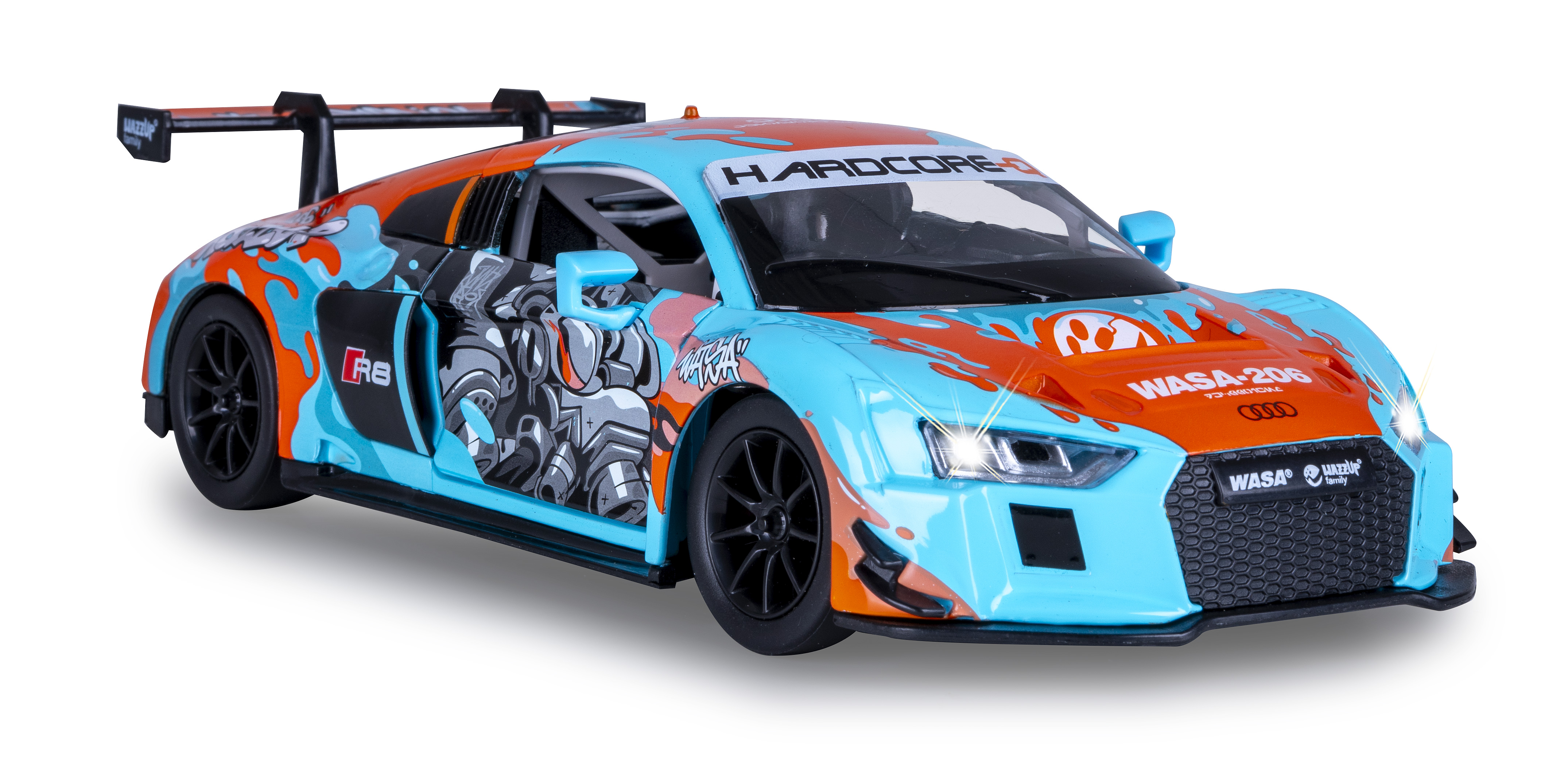 Ein Spielzeug-Sportwagen in Blau und Orange mit schwarzen Rädern. Er hat einen Spoiler und den Text "HARDCORE" oben.