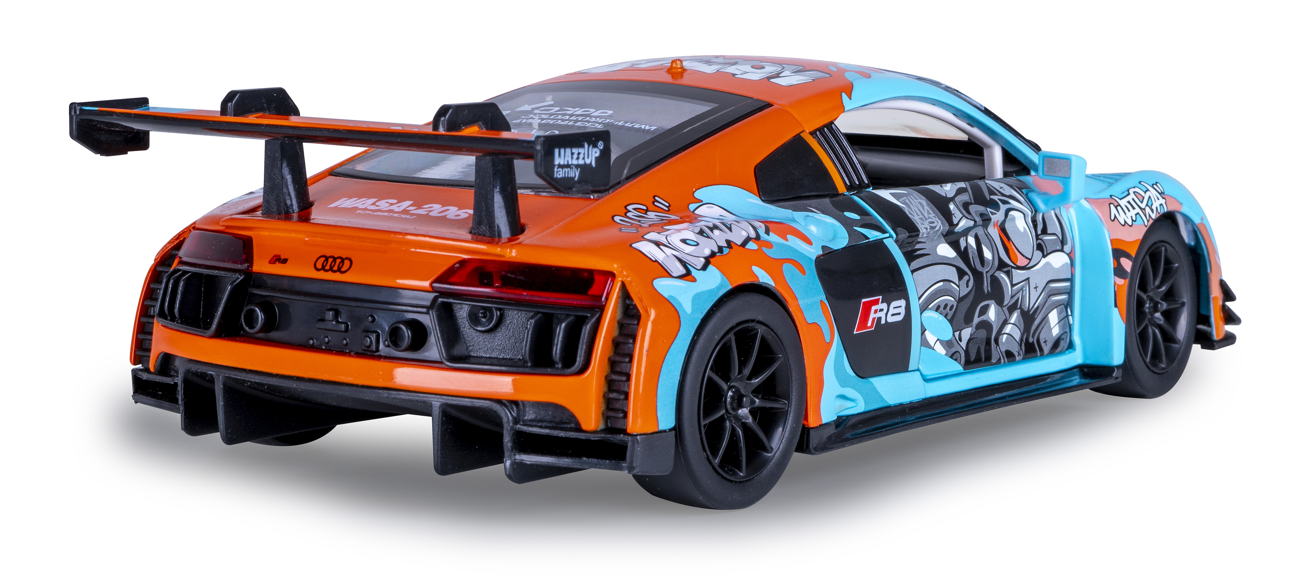 Ein Spielzeug-Audi R8 in Orange und Blau, mit schwarzen Rädern und einem Heckspoiler. Graffiti-Kunst ist auf den Seiten.