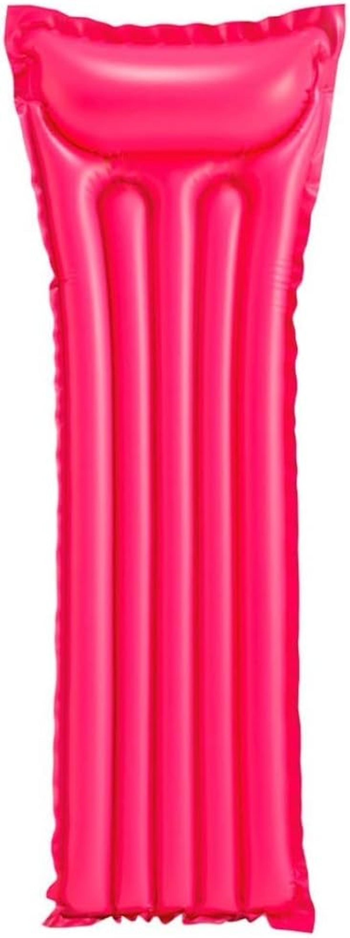 Ein leuchtend rosa aufblasbarer Pool-Schwimmer, rechteckig mit vertikalen Rippen. Die Kanten sind abgedichtet und abgerundet.