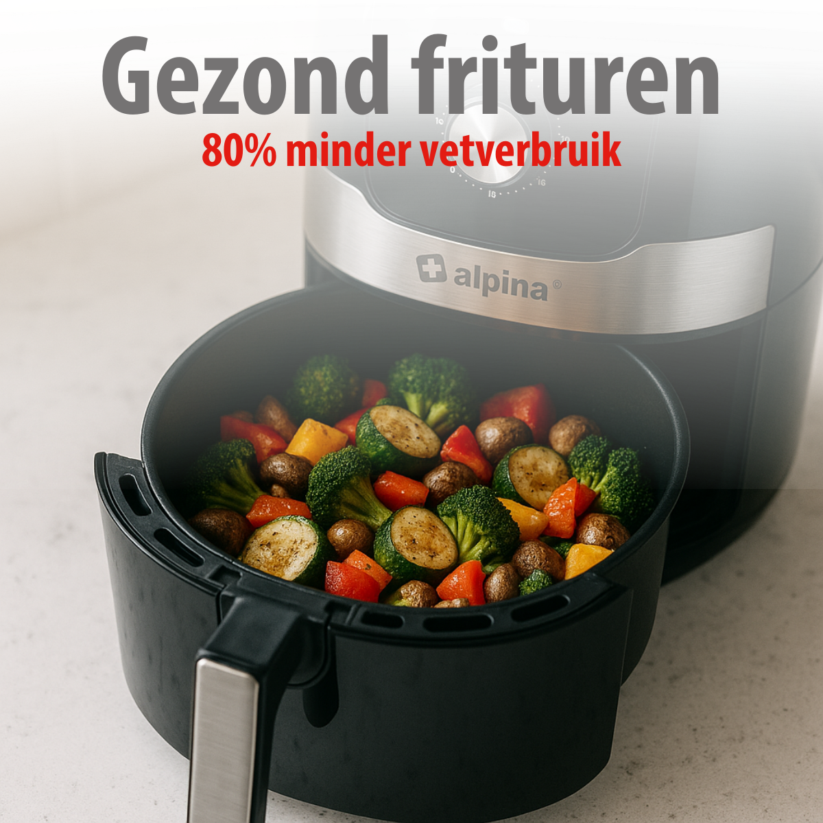 Een airfryer met groenten. De tekst zegt "Gezond frituren" en "80% minder vet". In de airfryer zitten broccoli, paprika en champignons.