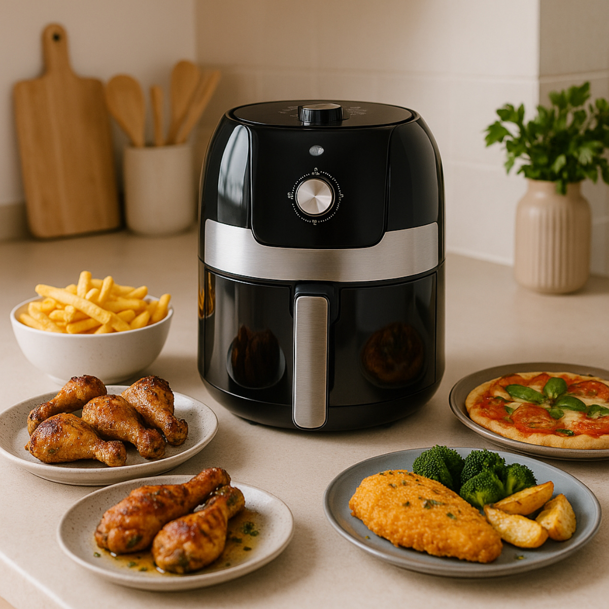 Zwarte airfryer met gebraden kip, pizza, friet en groenten. Keukenomgeving met licht oppervlak.