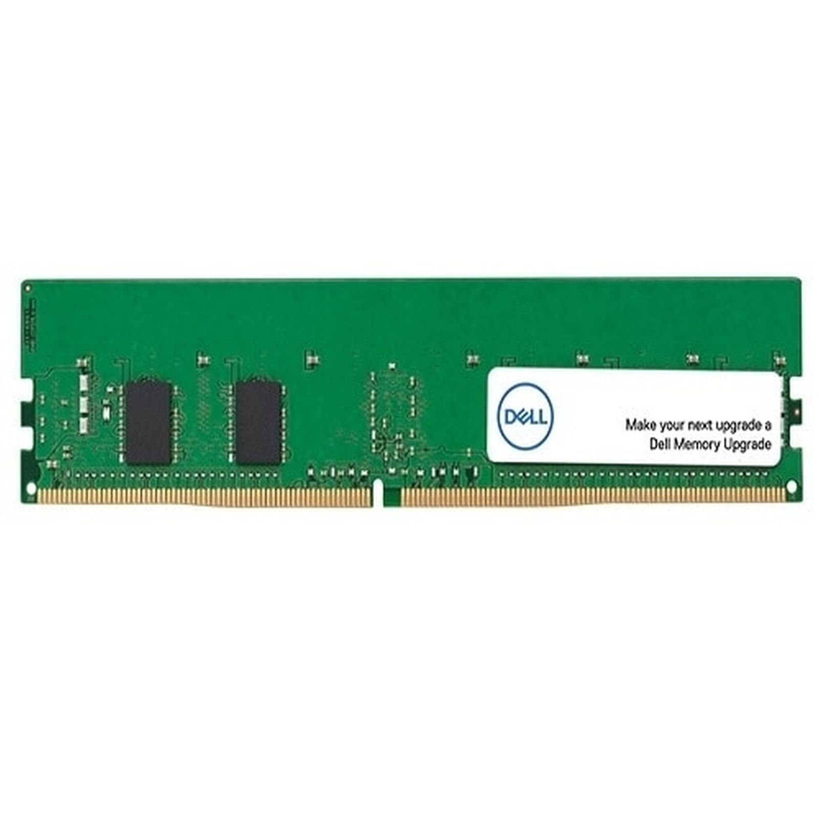 Stick di RAM verde con chip neri, pin dorati e logo Dell. Testo: 'Rendi il tuo prossimo aggiornamento un aggiornamento della memoria Dell'.